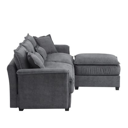 Canapé sectionnel surdimensionné avec accoudoirs en bois courbé, meuble d'intérieur rembourré avec coussins doubles, canapé en L avec pouf