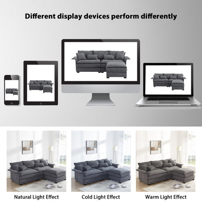 Canapé sectionnel surdimensionné avec accoudoirs en bois courbé, meuble d'intérieur rembourré avec coussins doubles, canapé en L avec pouf