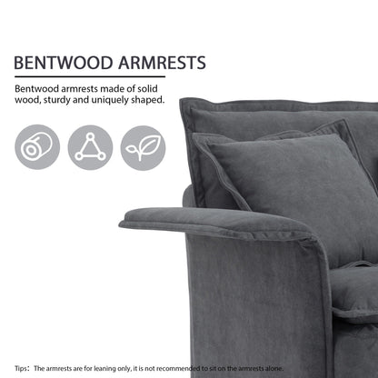 Canapé sectionnel surdimensionné avec accoudoirs en bois courbé, meuble d'intérieur rembourré avec coussins doubles, canapé en L avec pouf