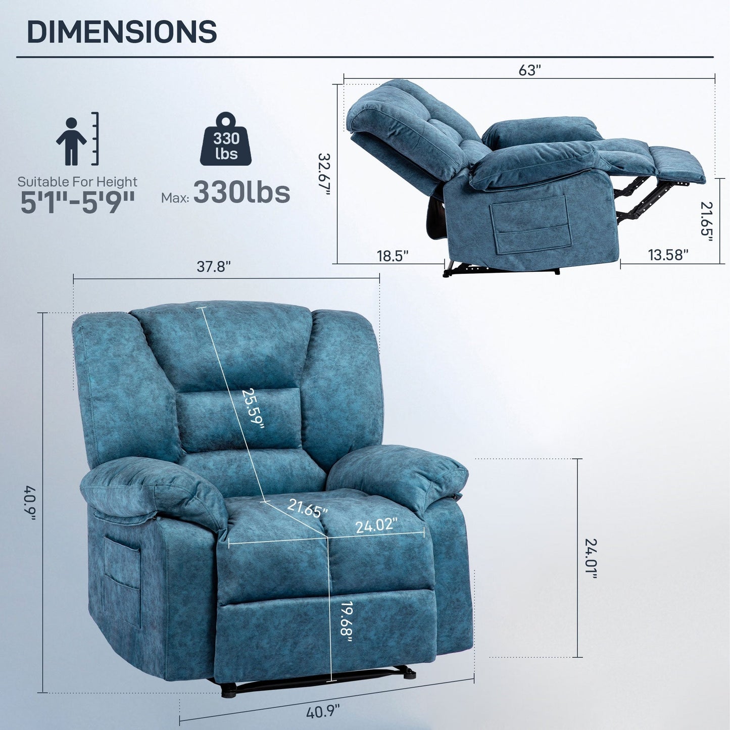 Fauteuil inclinable manuel rembourré surdimensionné avec massage par vibrations à 8 points, chauffage lombaire, 2 poches latérales