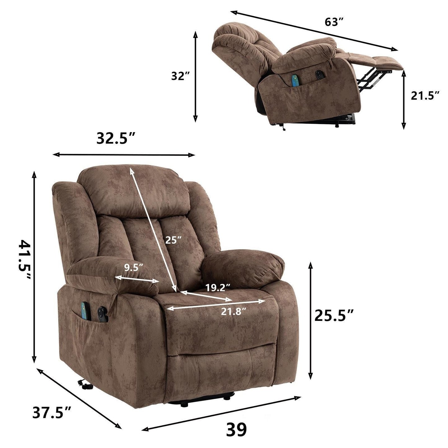 Fauteuil inclinable électrique surdimensionné en velours avec massage, chauffage lombaire, 2 poches latérales et port USB