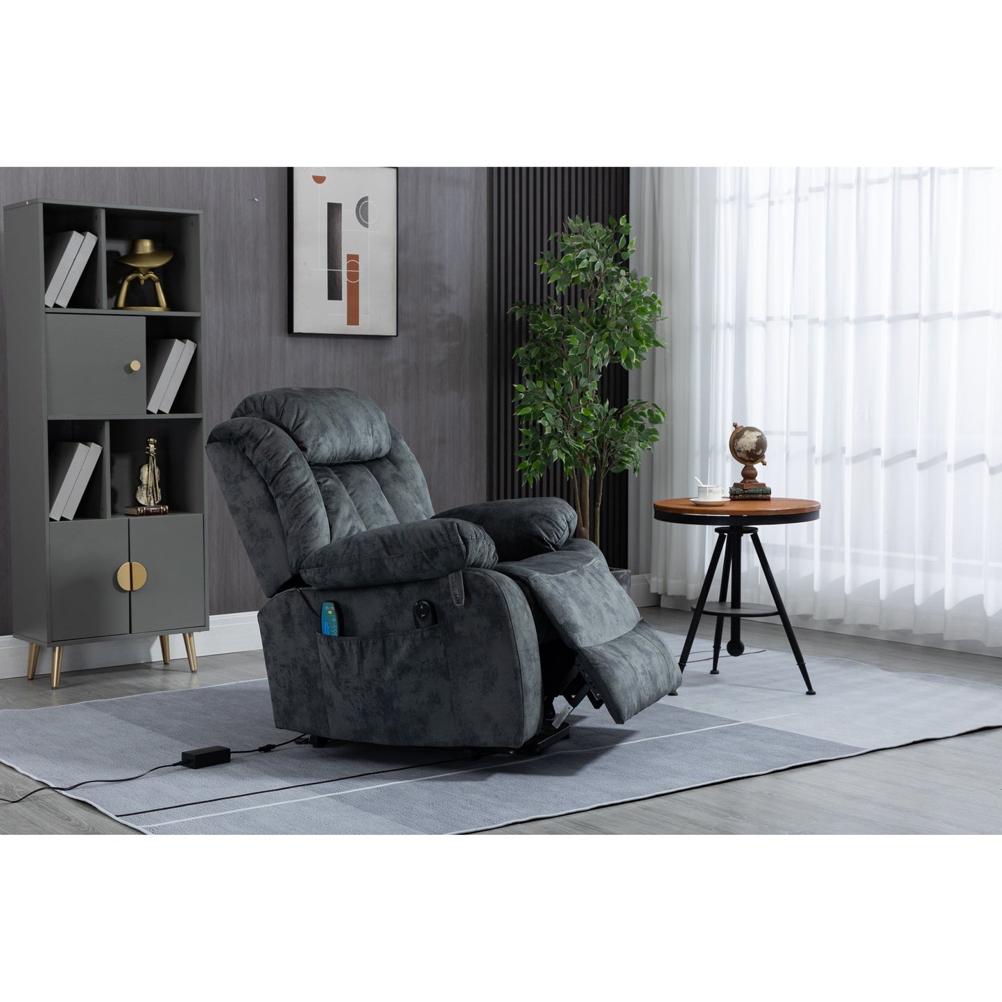 Fauteuil inclinable électrique surdimensionné en velours avec massage, chauffage lombaire, 2 poches latérales et port USB