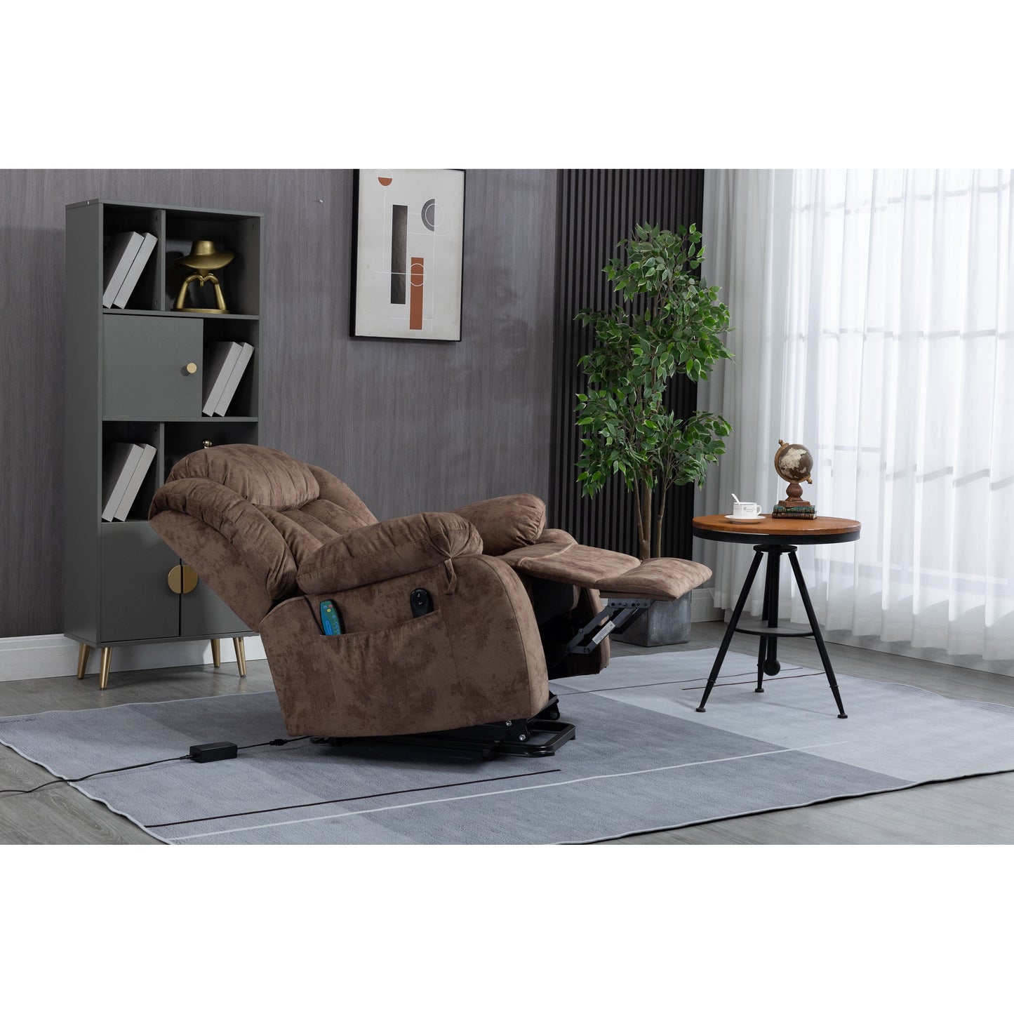 Fauteuil inclinable électrique surdimensionné en velours avec massage, chauffage lombaire, 2 poches latérales et port USB