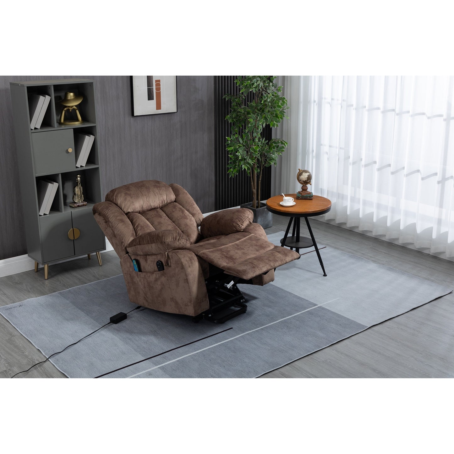 Fauteuil inclinable électrique surdimensionné en velours avec massage, chauffage lombaire, 2 poches latérales et port USB