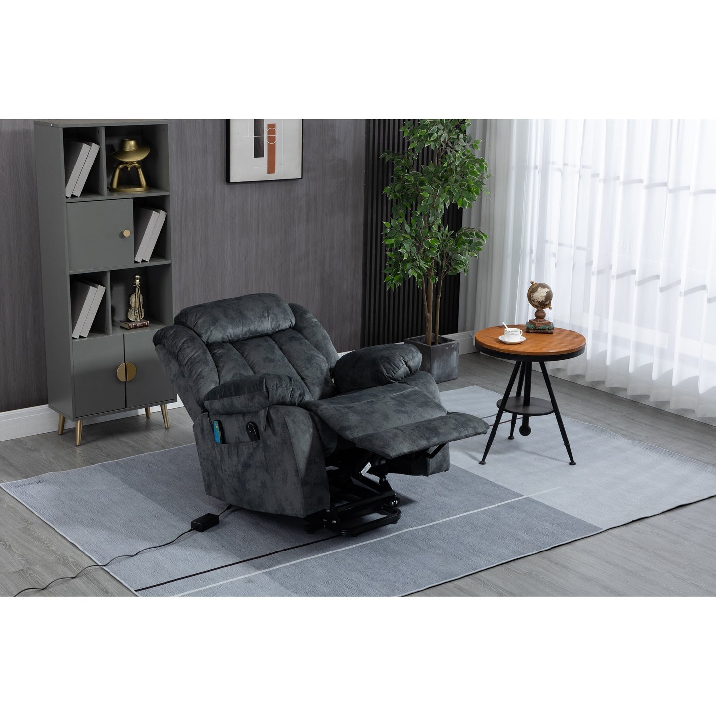 Fauteuil inclinable électrique surdimensionné en velours avec massage, chauffage lombaire, 2 poches latérales et port USB
