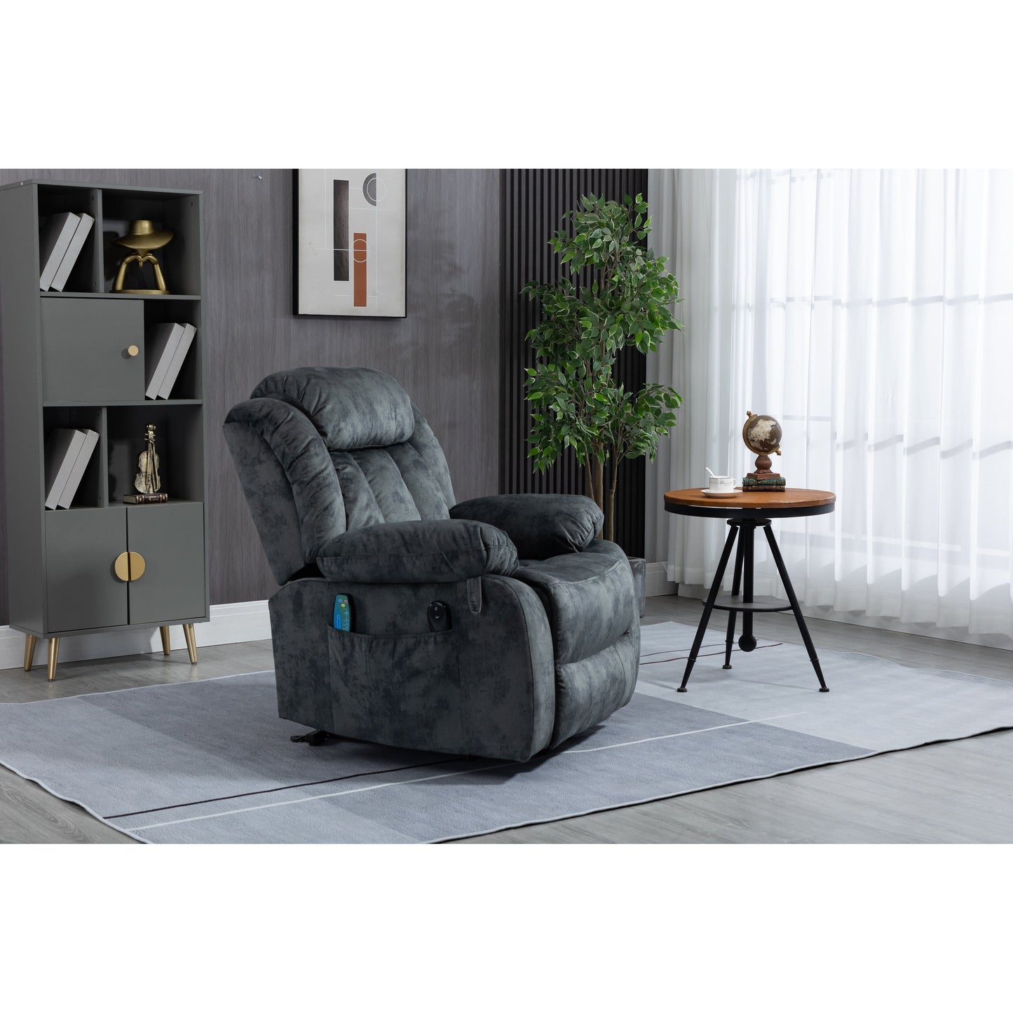 Fauteuil inclinable électrique surdimensionné en velours avec massage, chauffage lombaire, 2 poches latérales et port USB