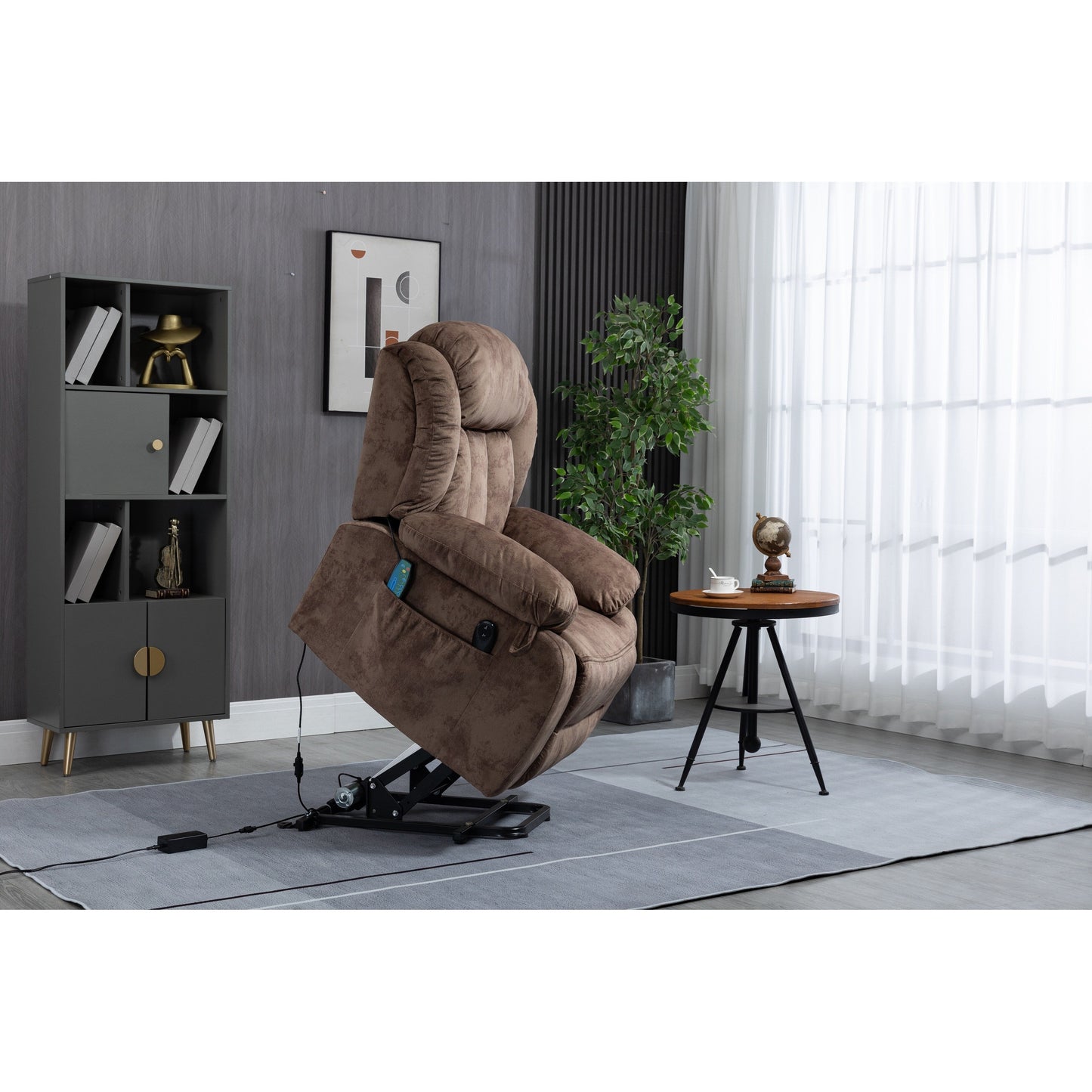 Fauteuil inclinable électrique surdimensionné en velours avec massage, chauffage lombaire, 2 poches latérales et port USB