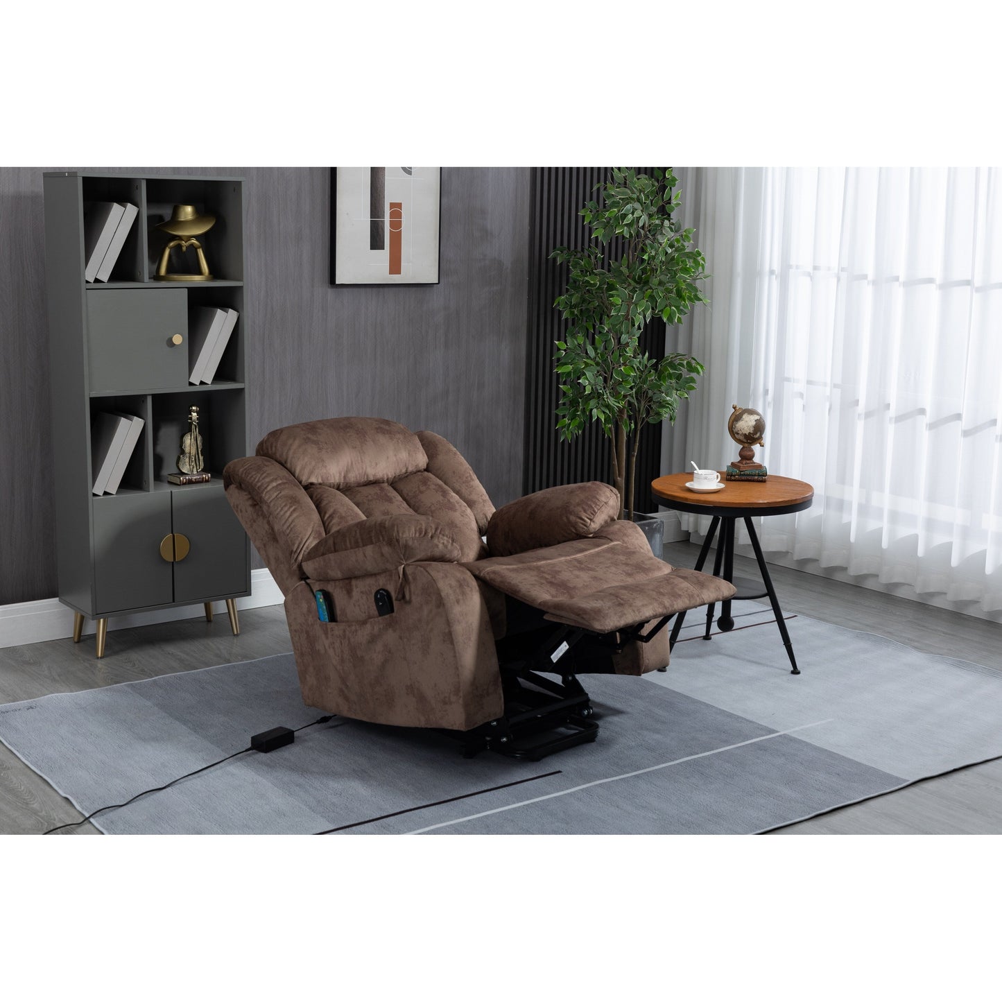 Fauteuil inclinable électrique surdimensionné en velours avec massage, chauffage lombaire, 2 poches latérales et port USB