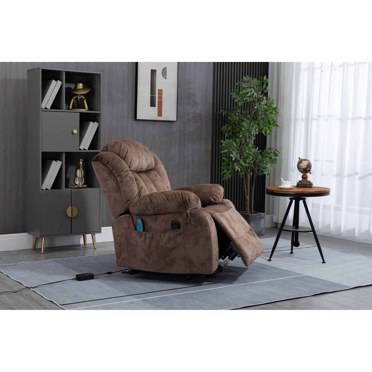 Fauteuil inclinable électrique surdimensionné en velours avec massage, chauffage lombaire, 2 poches latérales et port USB