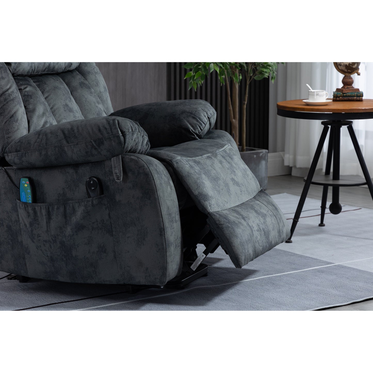 Fauteuil inclinable électrique surdimensionné en velours avec massage, chauffage lombaire, 2 poches latérales et port USB