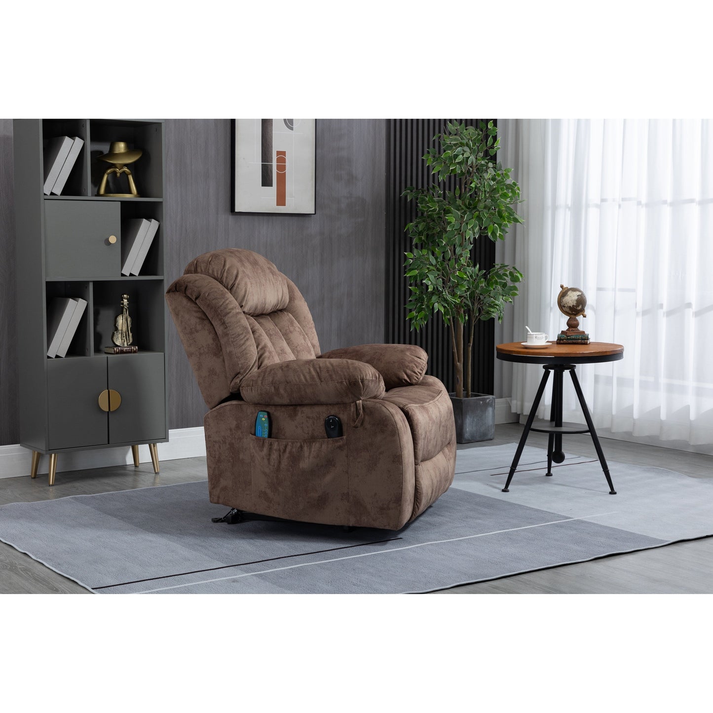 Fauteuil inclinable électrique surdimensionné en velours avec massage, chauffage lombaire, 2 poches latérales et port USB