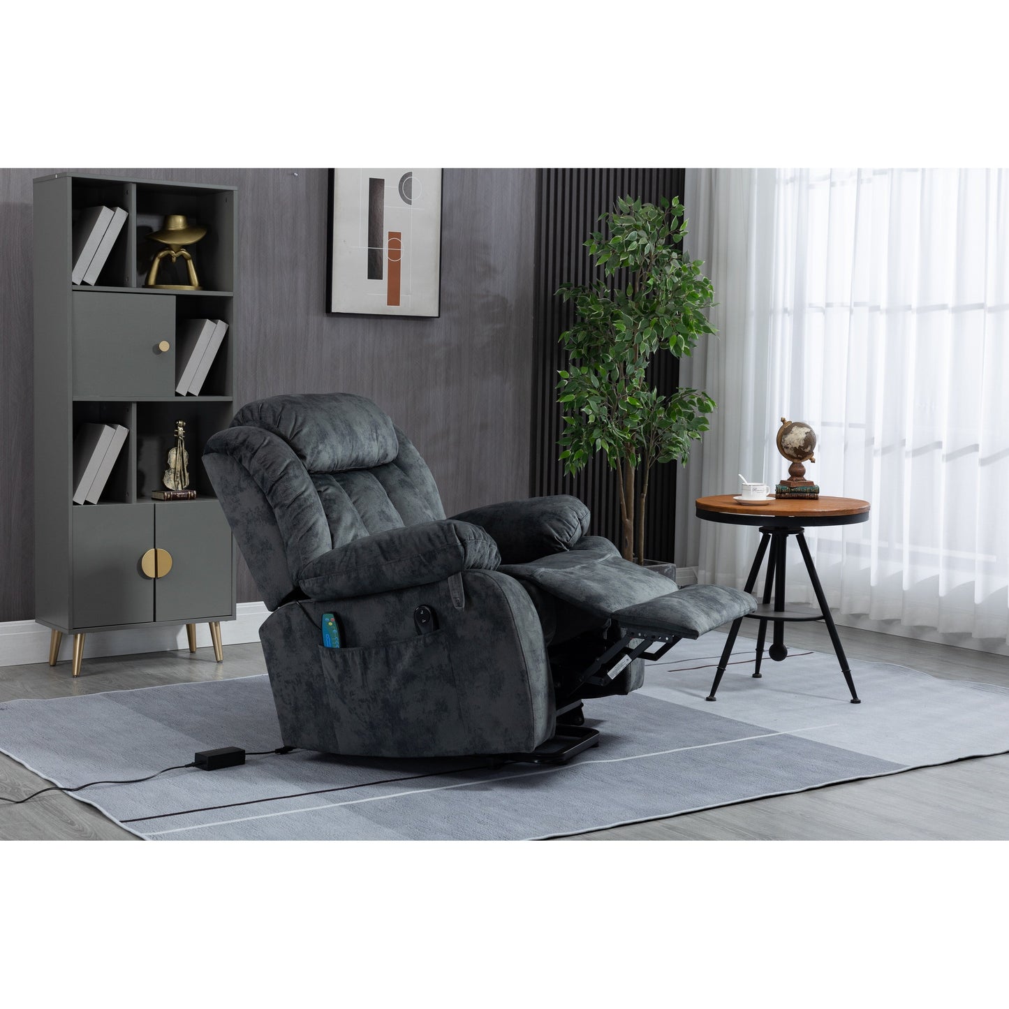 Fauteuil inclinable électrique surdimensionné en velours avec massage, chauffage lombaire, 2 poches latérales et port USB