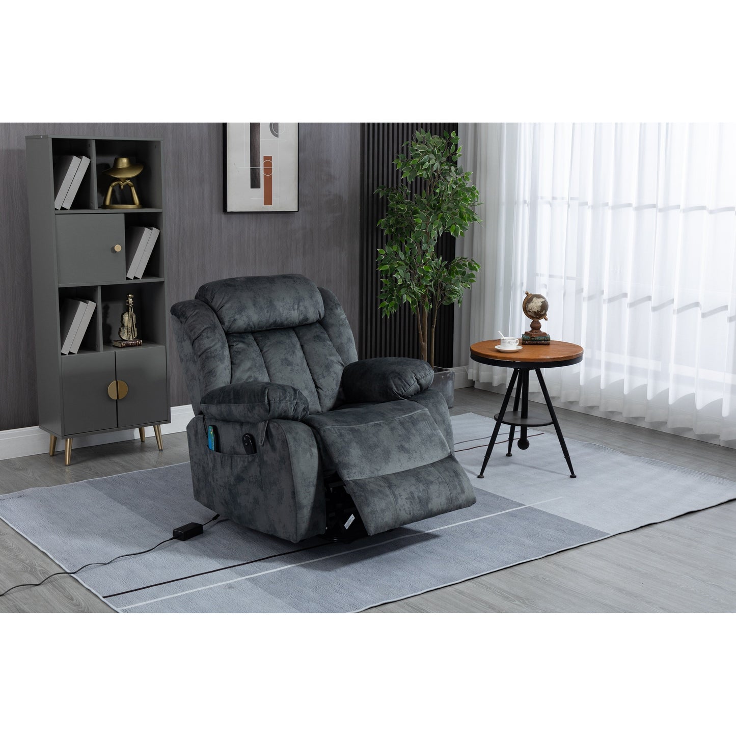 Fauteuil inclinable électrique surdimensionné en velours avec massage, chauffage lombaire, 2 poches latérales et port USB