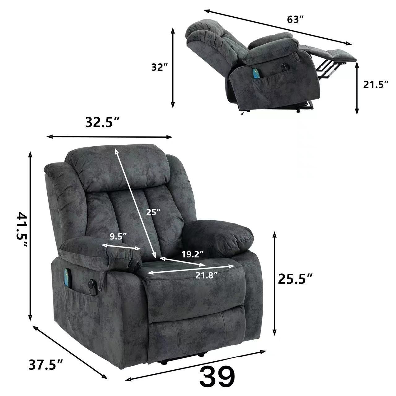 Fauteuil inclinable électrique surdimensionné en velours avec massage, chauffage lombaire, 2 poches latérales et port USB