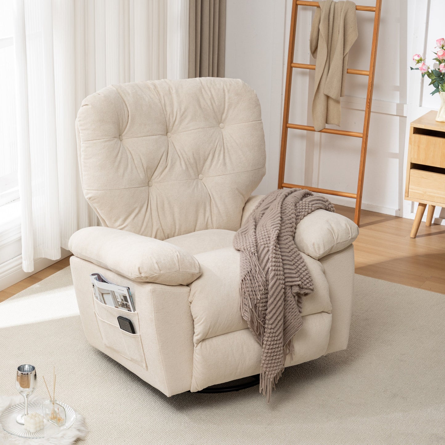 Fauteuil inclinable pivotant rembourré avec polaire synthétique douce et poche latérale