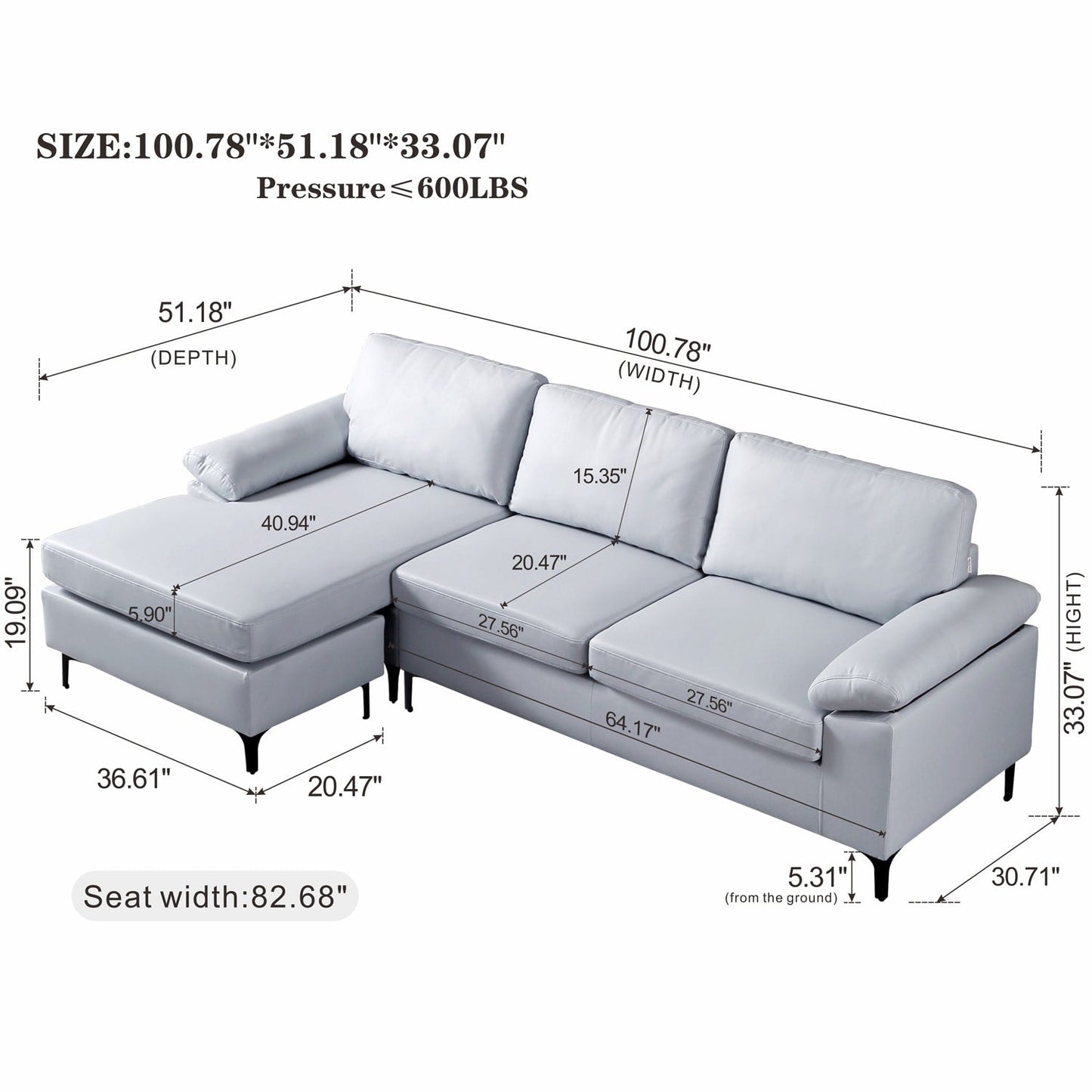 Canapé méridienne réversible OVIOS avec coussins moelleux et pieds en métal