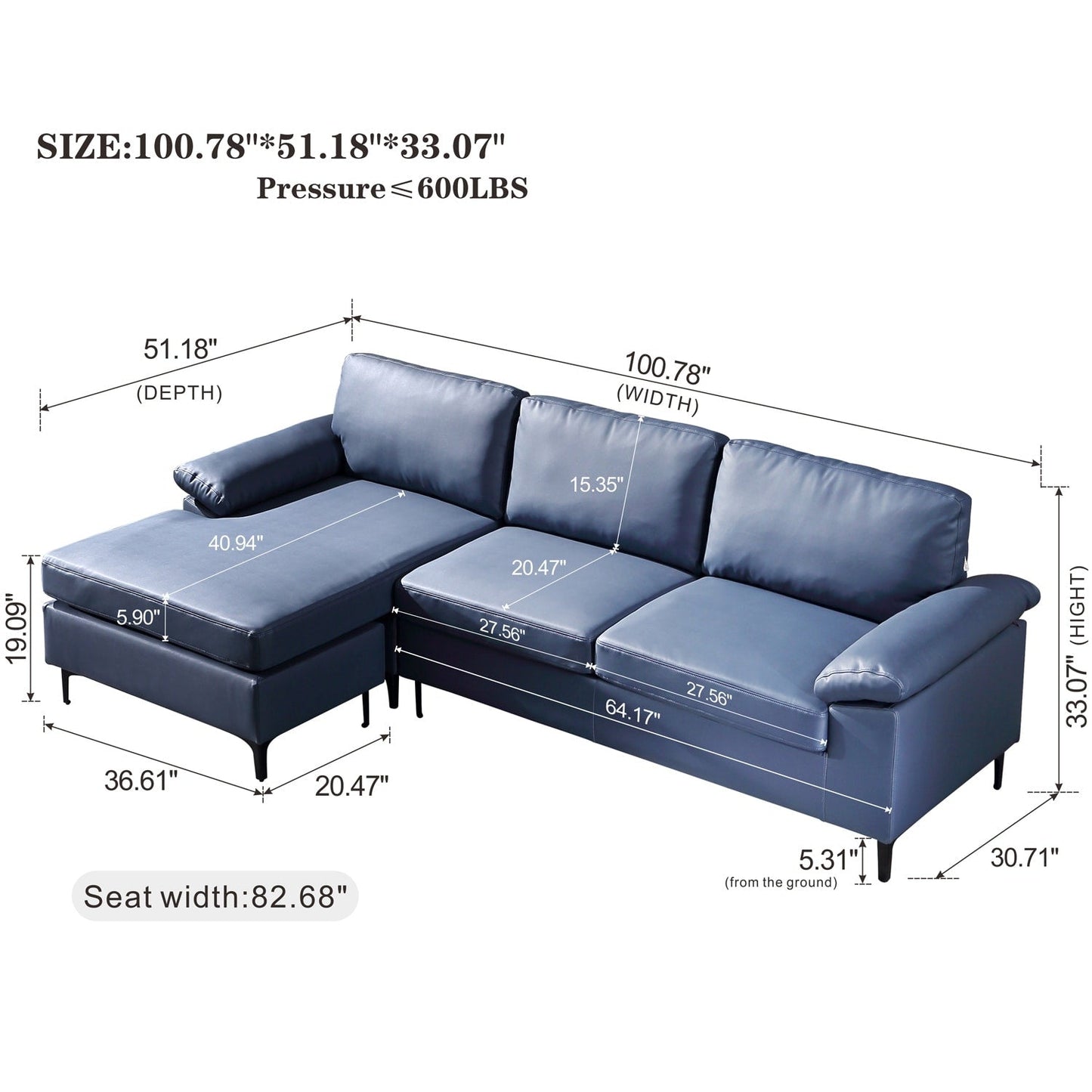 Canapé méridienne réversible OVIOS avec coussins moelleux et pieds en métal