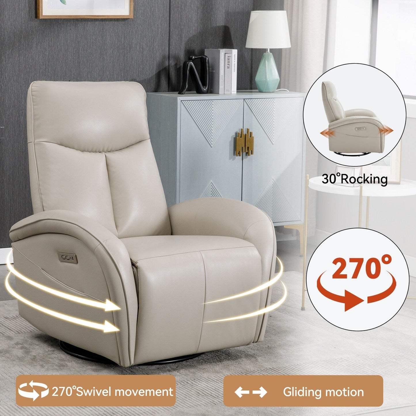 Fauteuil inclinable pivotant à 270° en cuir synthétique avec 2 poches latérales, ports USB et Type-C