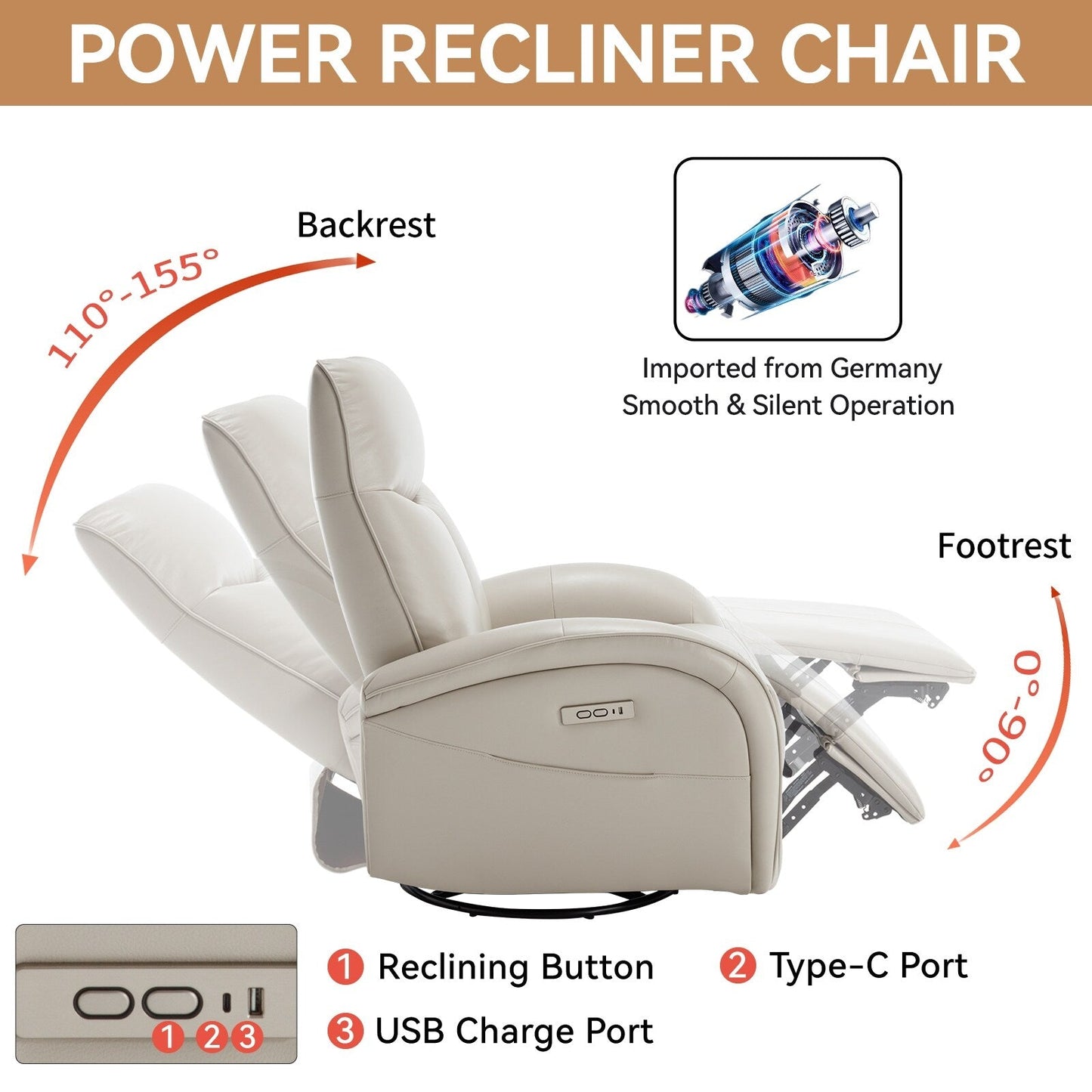 Fauteuil inclinable pivotant à 270° en cuir synthétique avec 2 poches latérales, ports USB et Type-C