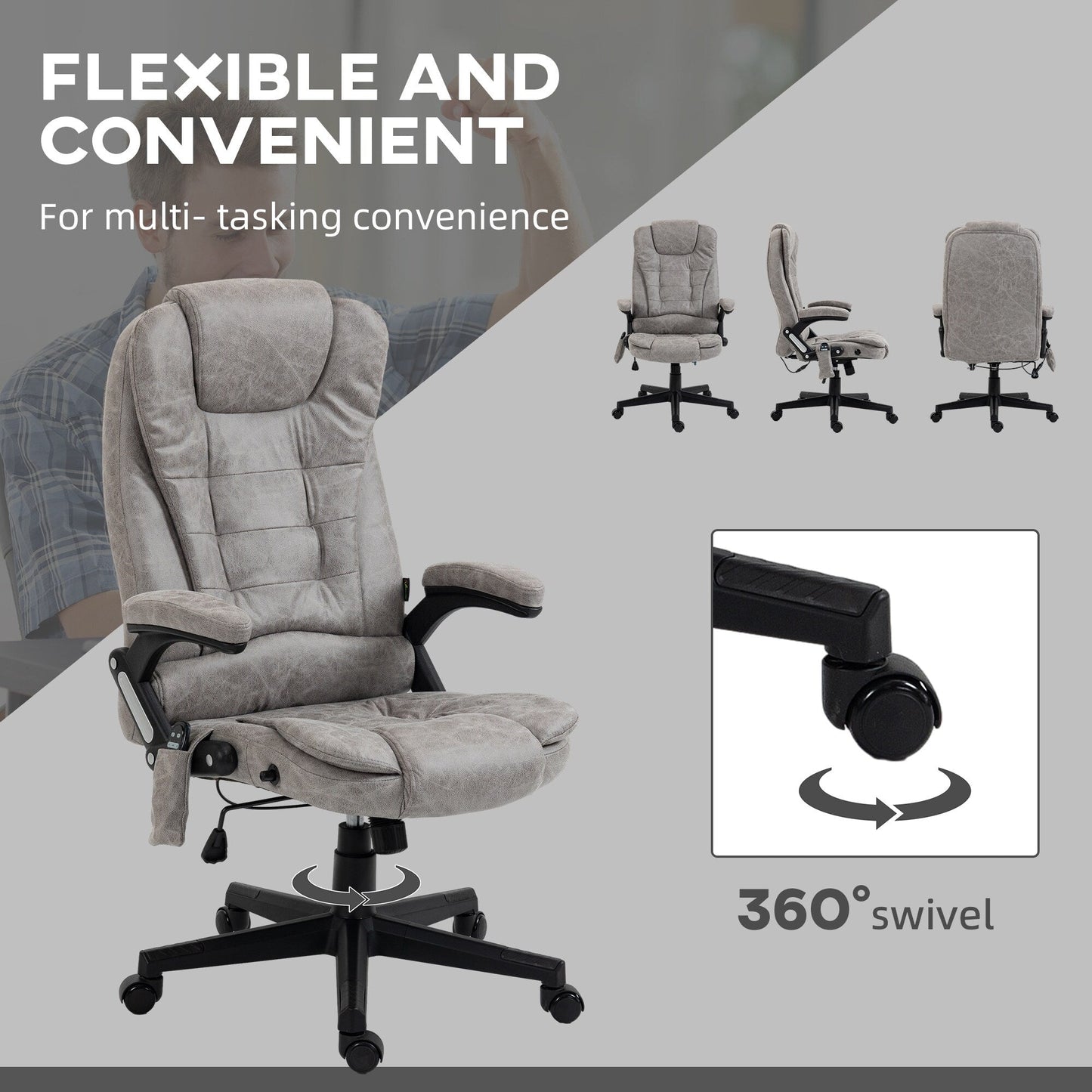 Fauteuil de bureau inclinable pivotant à 360° en cuir synthétique avec massage par vibrations, chauffage lombaire et hauteur réglable