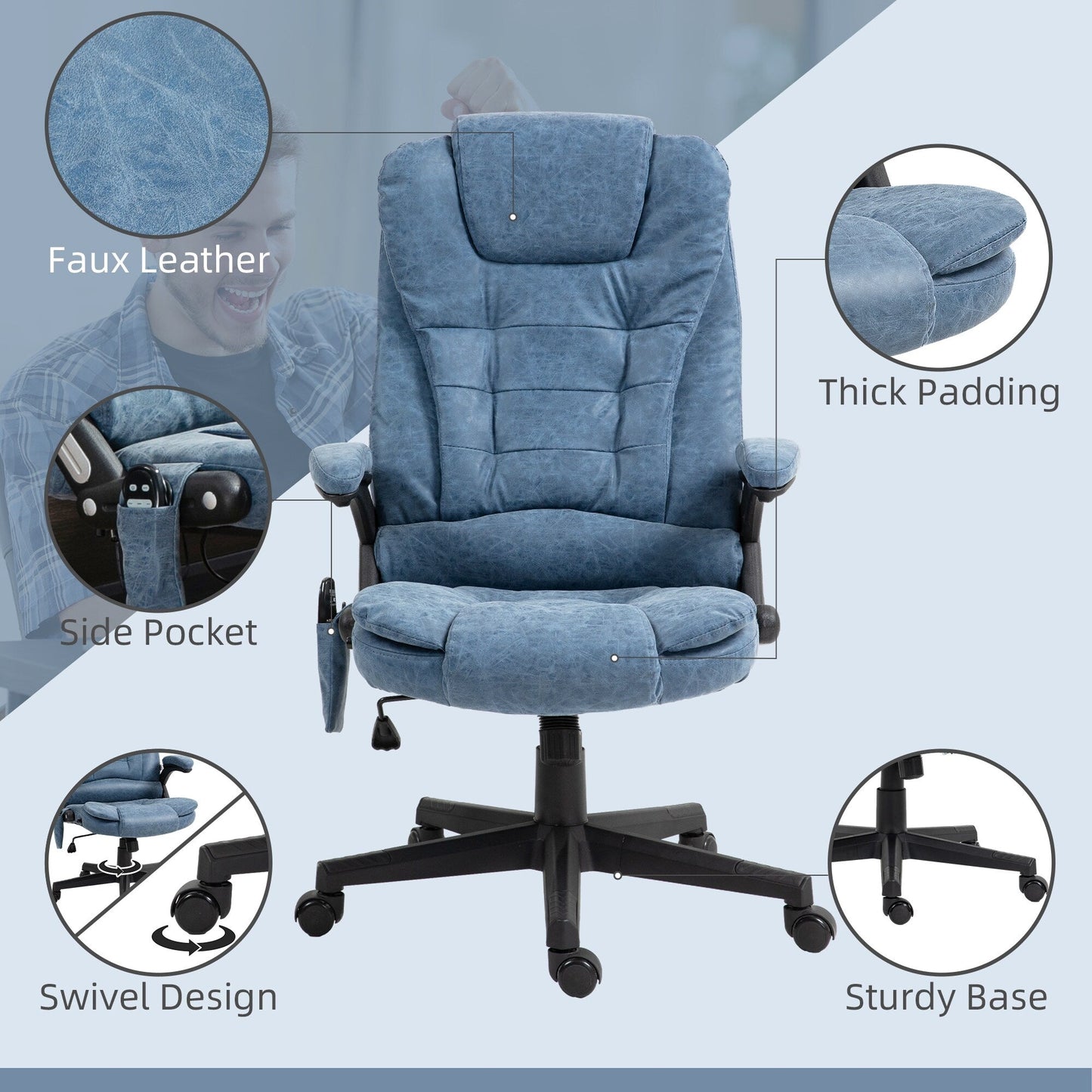 Fauteuil de bureau inclinable pivotant à 360° en cuir synthétique avec massage par vibrations, chauffage lombaire et hauteur réglable