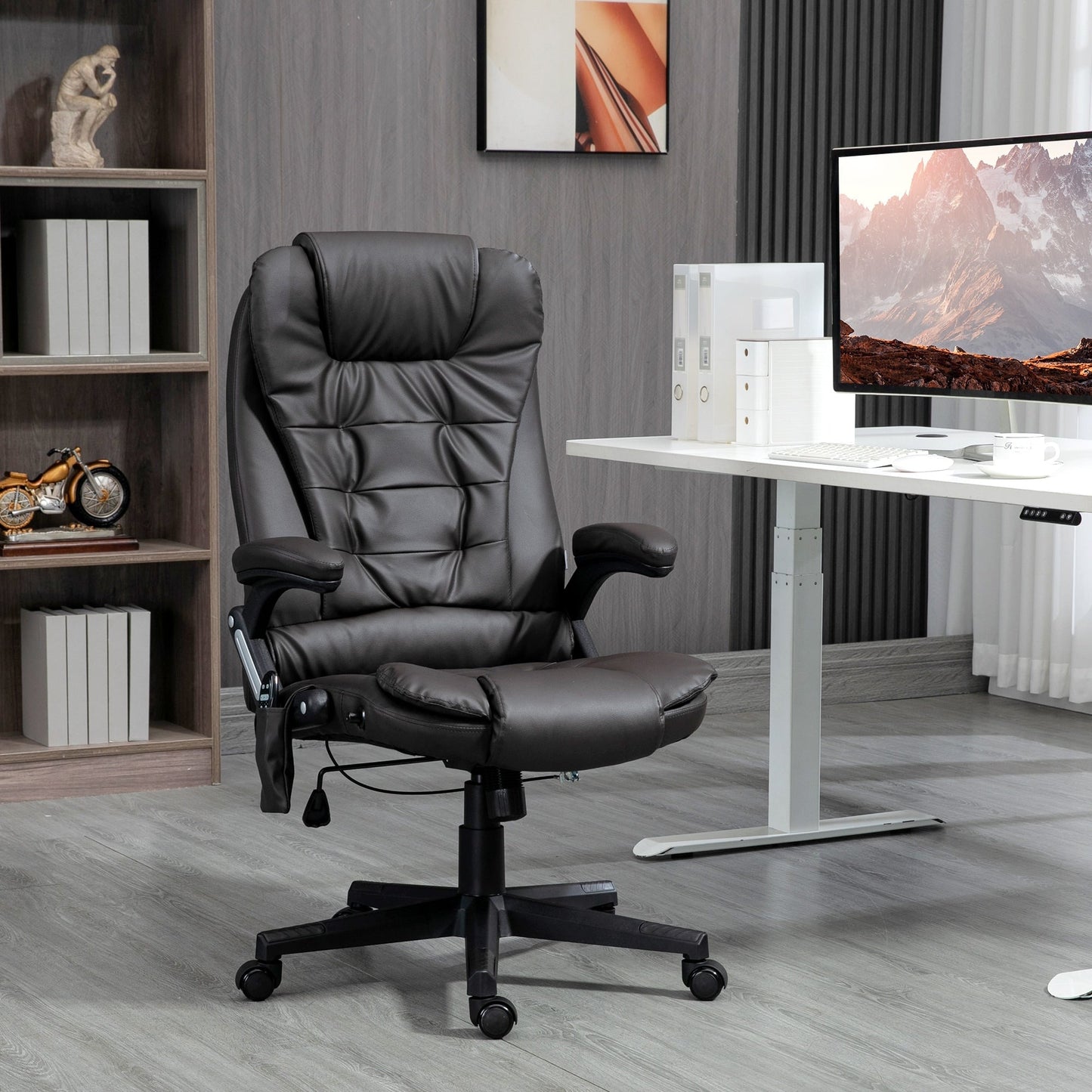 Fauteuil de bureau inclinable pivotant à 360° en cuir PU avec massage par vibration, chauffage lombaire et hauteur réglable