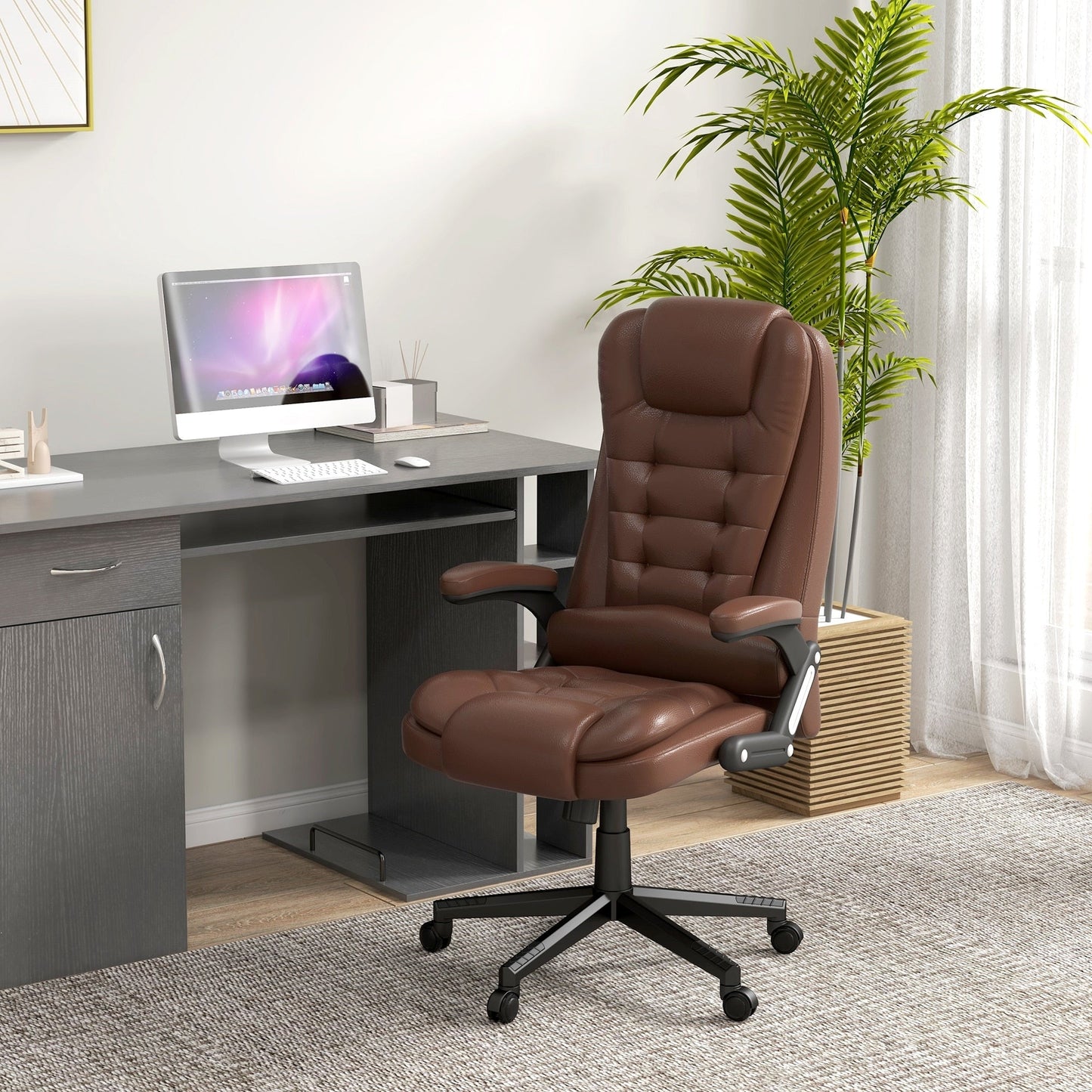 Fauteuil de bureau inclinable pivotant à 360° en cuir PU avec dossier haut et massage par vibrations, chauffage lombaire et hauteur réglable