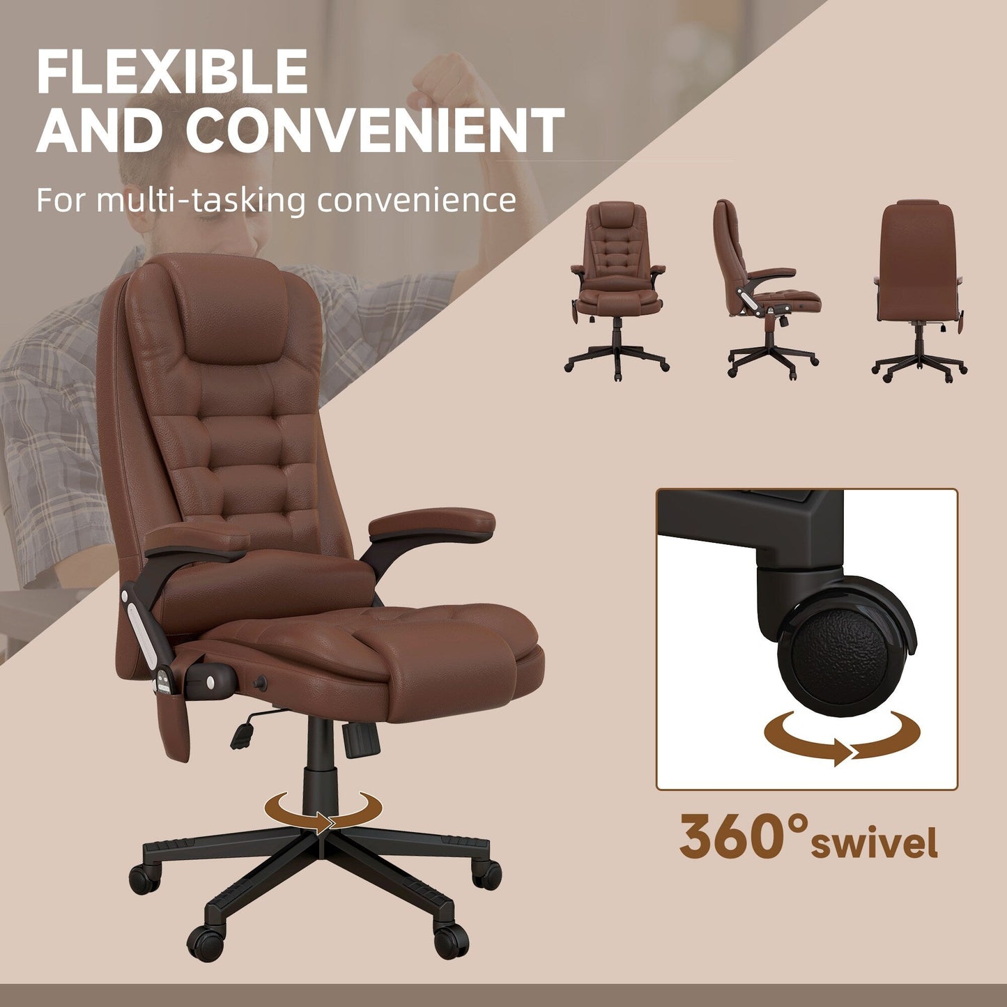 Fauteuil de bureau inclinable pivotant à 360° en cuir PU avec dossier haut et massage par vibrations, chauffage lombaire et hauteur réglable