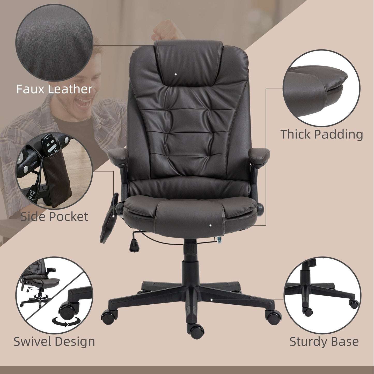 Fauteuil de bureau inclinable pivotant à 360° en cuir PU avec massage par vibration, chauffage lombaire et hauteur réglable