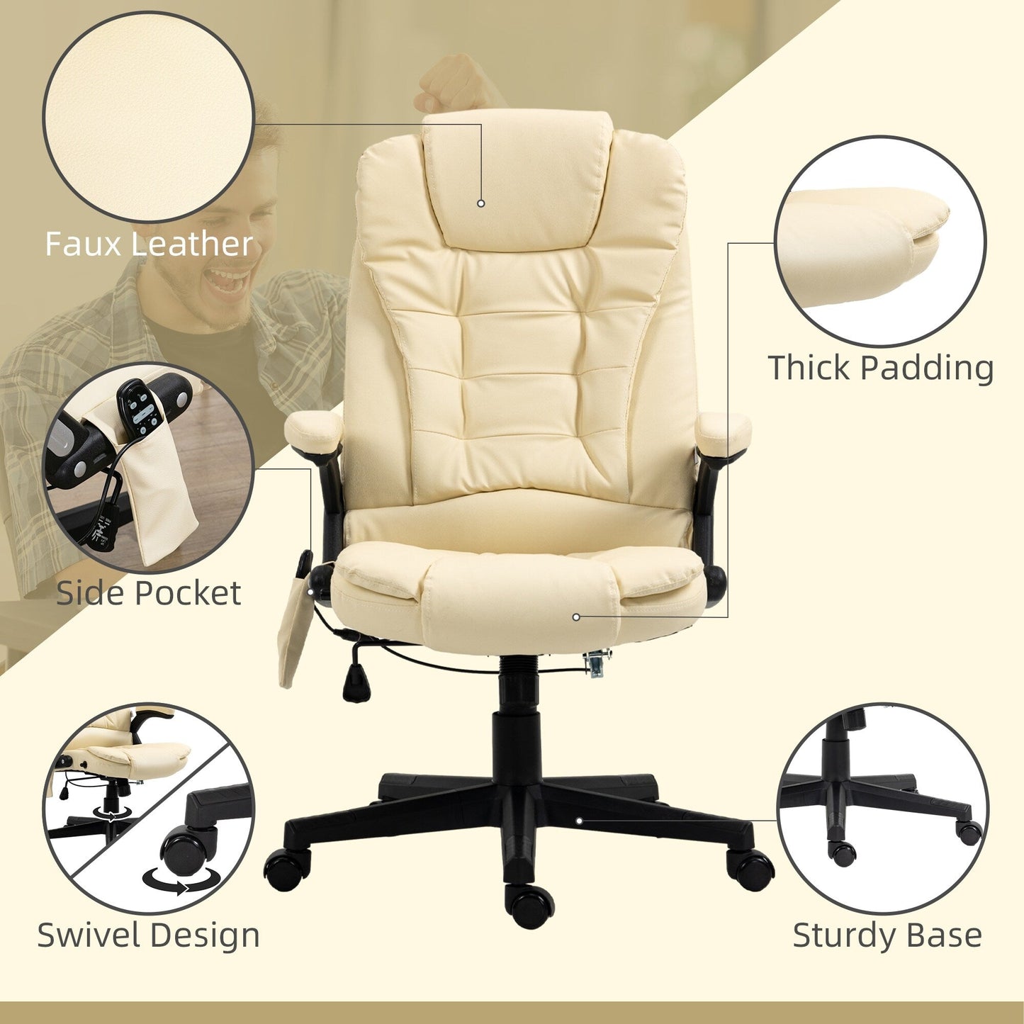 Fauteuil de bureau inclinable pivotant à 360° en cuir PU avec massage par vibration, chauffage lombaire et hauteur réglable