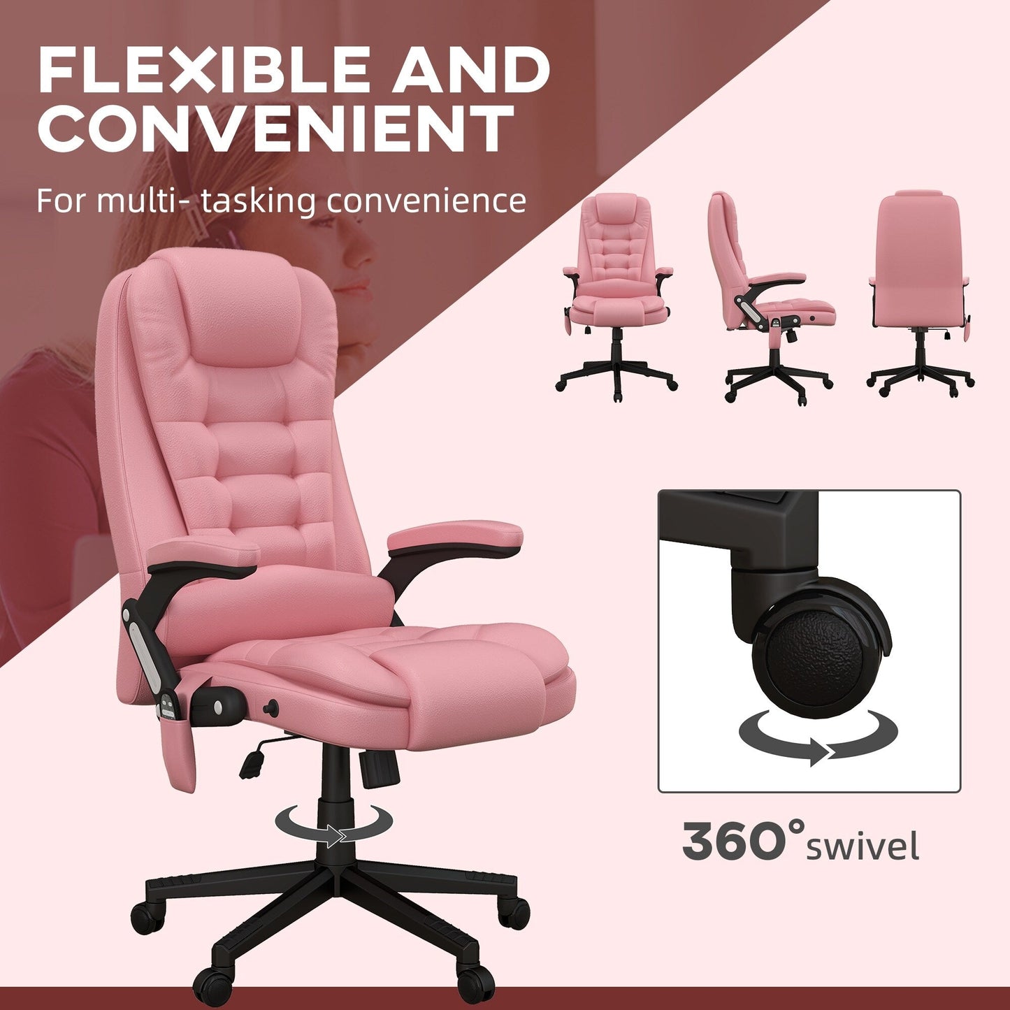 Fauteuil de bureau inclinable pivotant à 360° en cuir PU avec dossier haut et massage par vibrations, chauffage lombaire et hauteur réglable