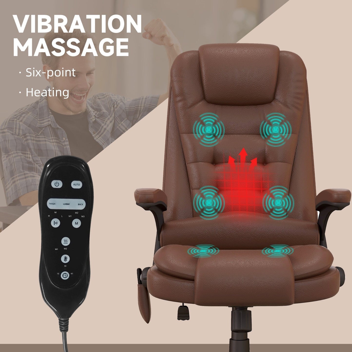 Fauteuil de bureau inclinable pivotant à 360° en cuir PU avec dossier haut et massage par vibrations, chauffage lombaire et hauteur réglable