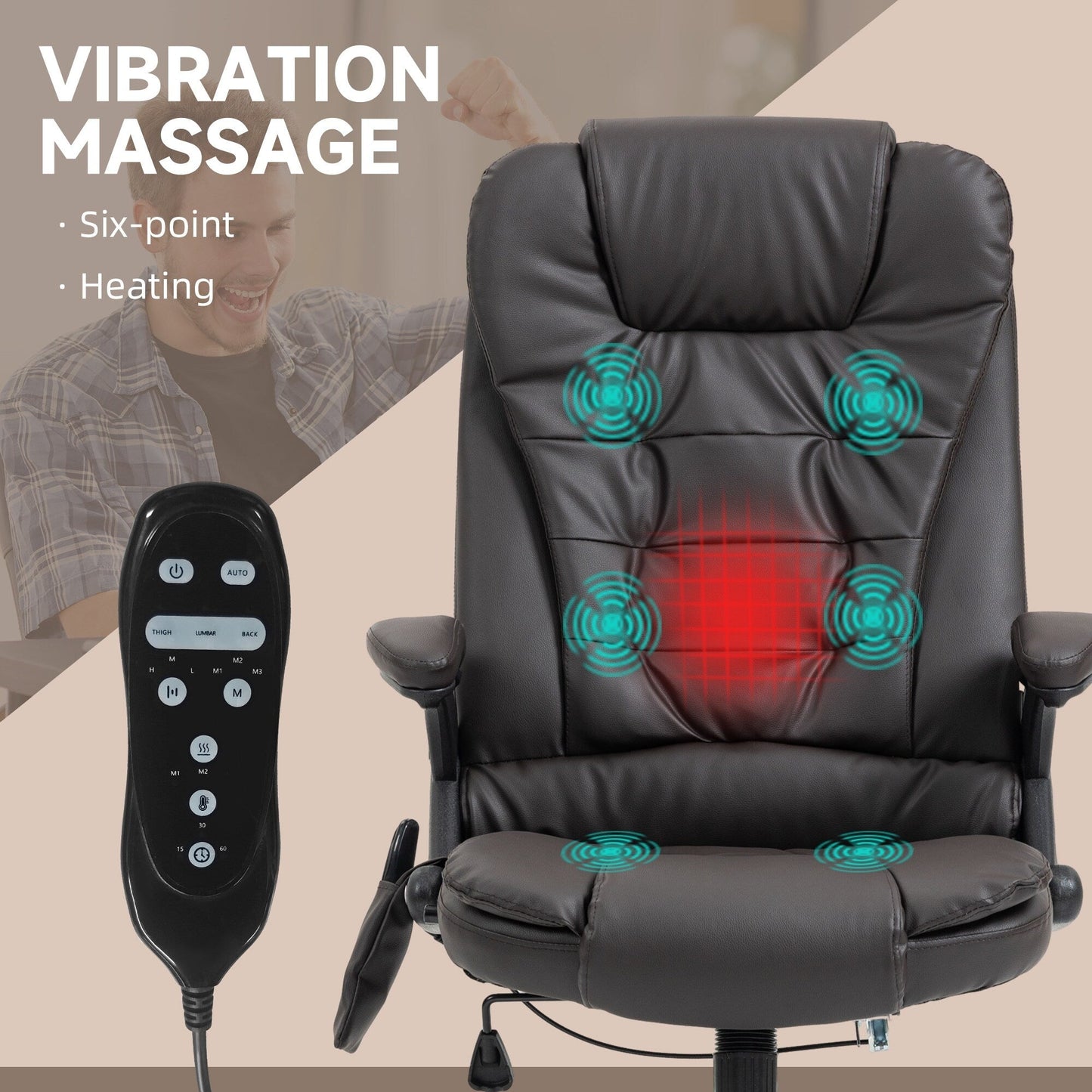 Fauteuil de bureau inclinable pivotant à 360° en cuir PU avec massage par vibration, chauffage lombaire et hauteur réglable