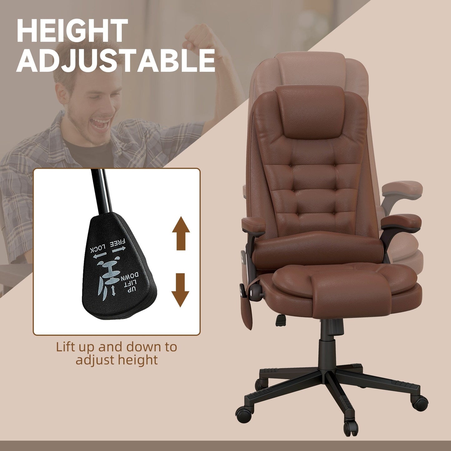 Fauteuil de bureau inclinable pivotant à 360° en cuir PU avec dossier haut et massage par vibrations, chauffage lombaire et hauteur réglable