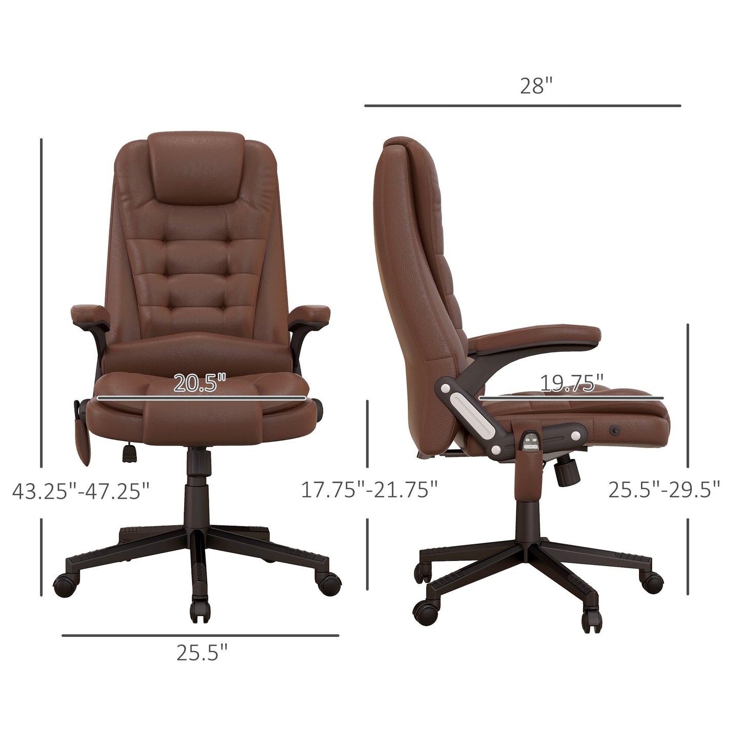 Fauteuil de bureau inclinable pivotant à 360° en cuir PU avec dossier haut et massage par vibrations, chauffage lombaire et hauteur réglable