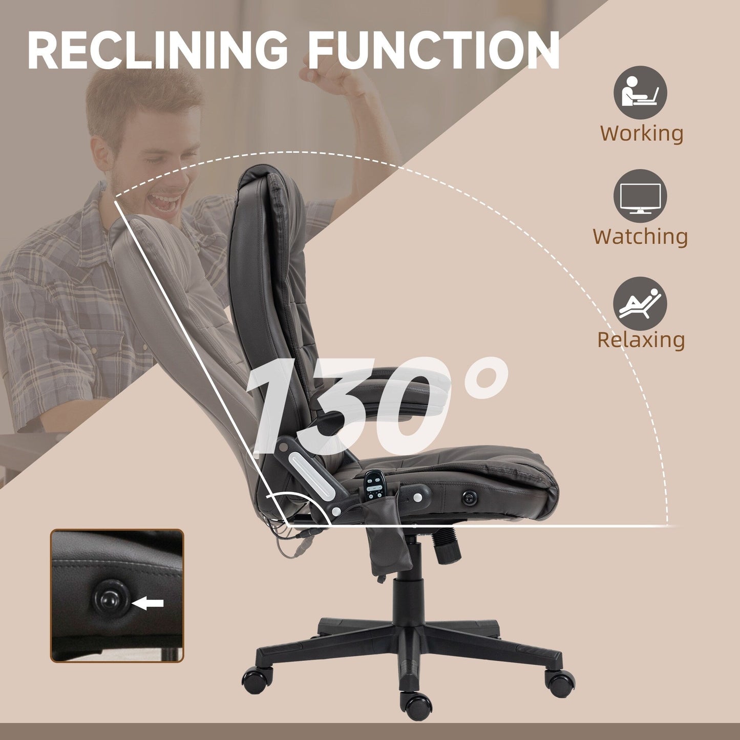 Fauteuil de bureau inclinable pivotant à 360° en cuir PU avec massage par vibration, chauffage lombaire et hauteur réglable