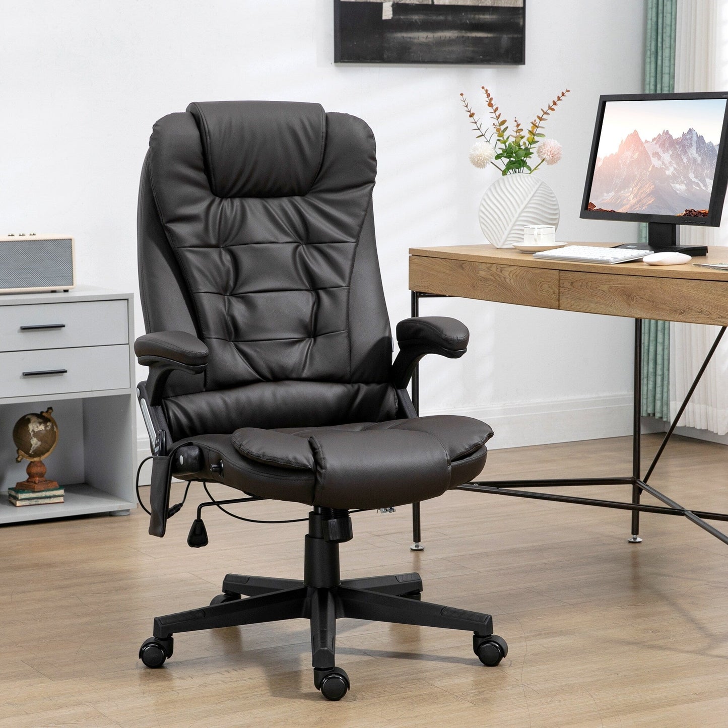 Fauteuil de bureau inclinable pivotant à 360° en cuir PU avec massage par vibration, chauffage lombaire et hauteur réglable