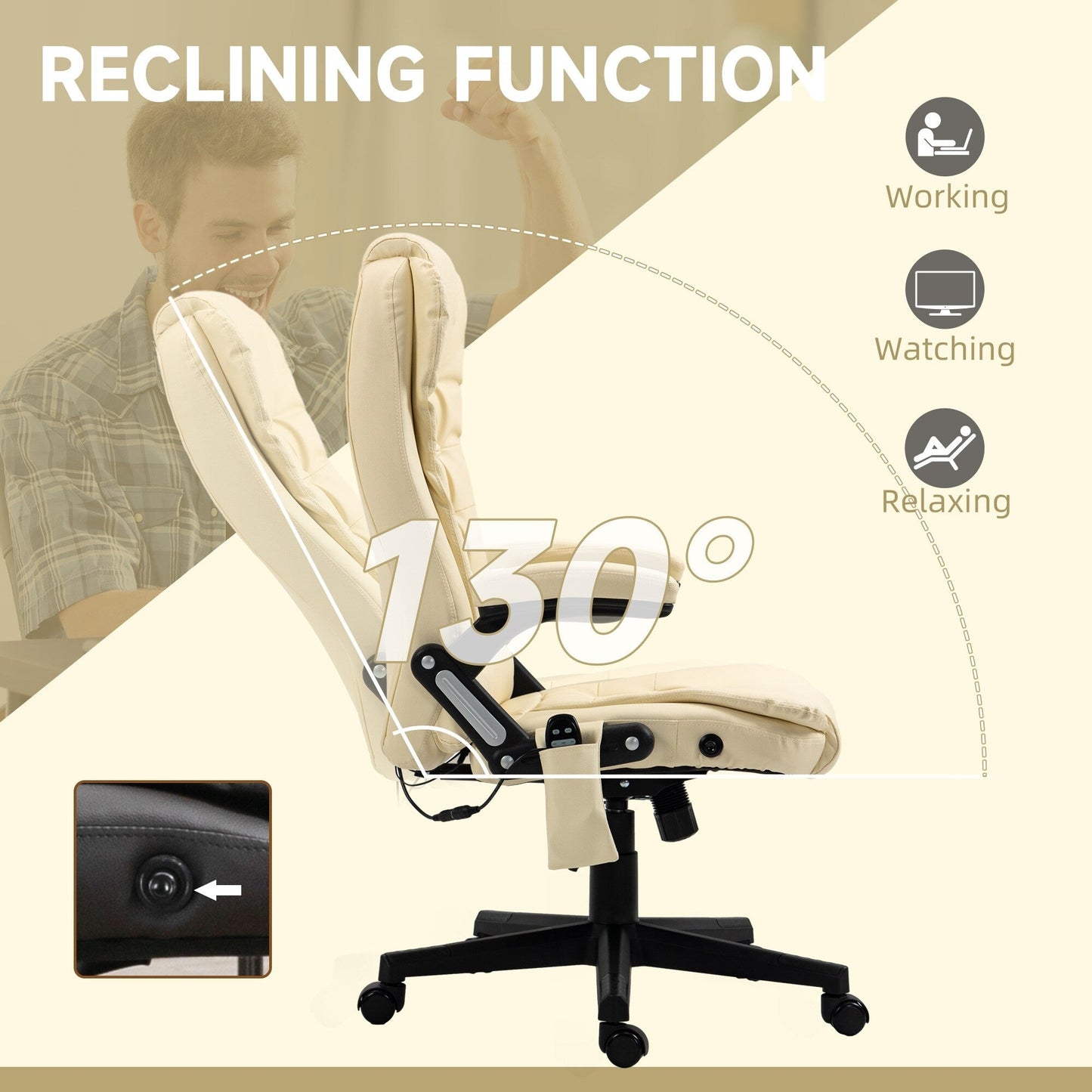 Fauteuil de bureau inclinable pivotant à 360° en cuir PU avec massage par vibration, chauffage lombaire et hauteur réglable