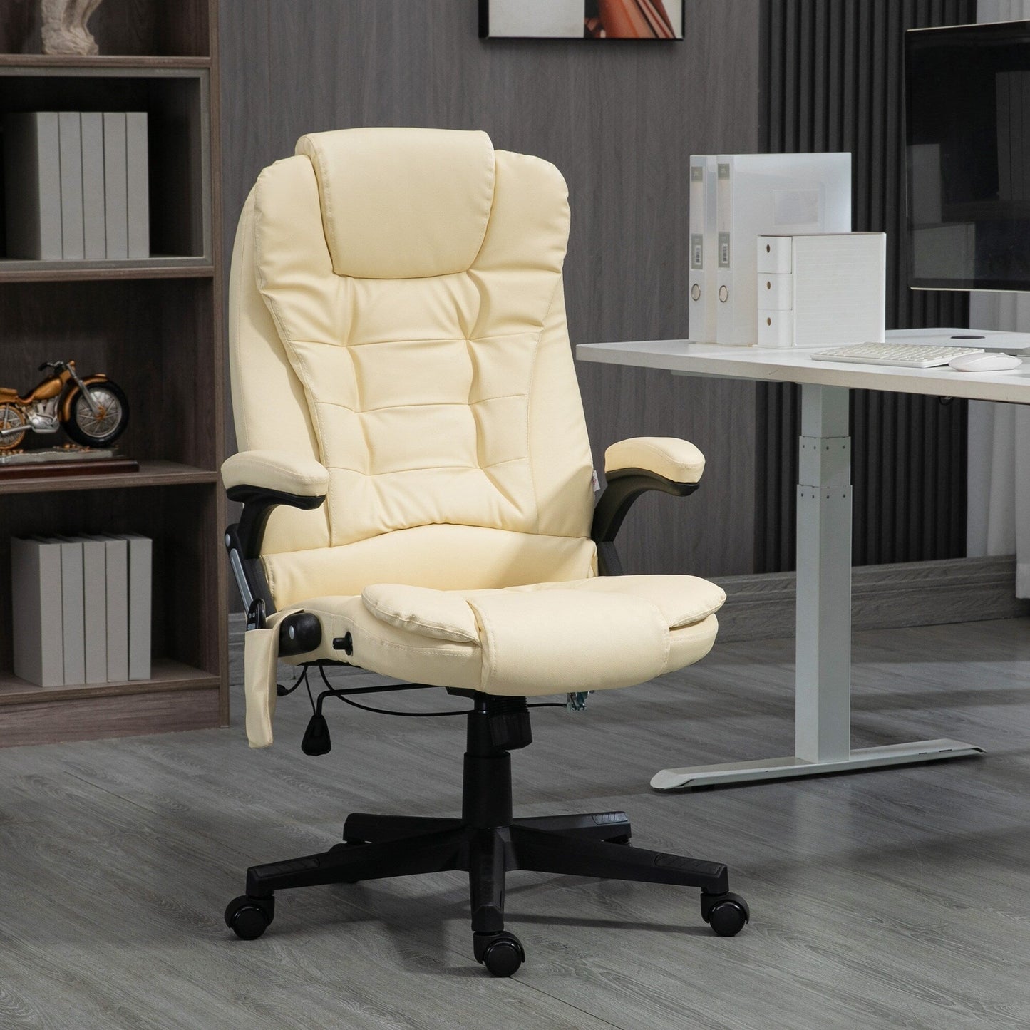 Fauteuil de bureau inclinable pivotant à 360° en cuir PU avec massage par vibration, chauffage lombaire et hauteur réglable