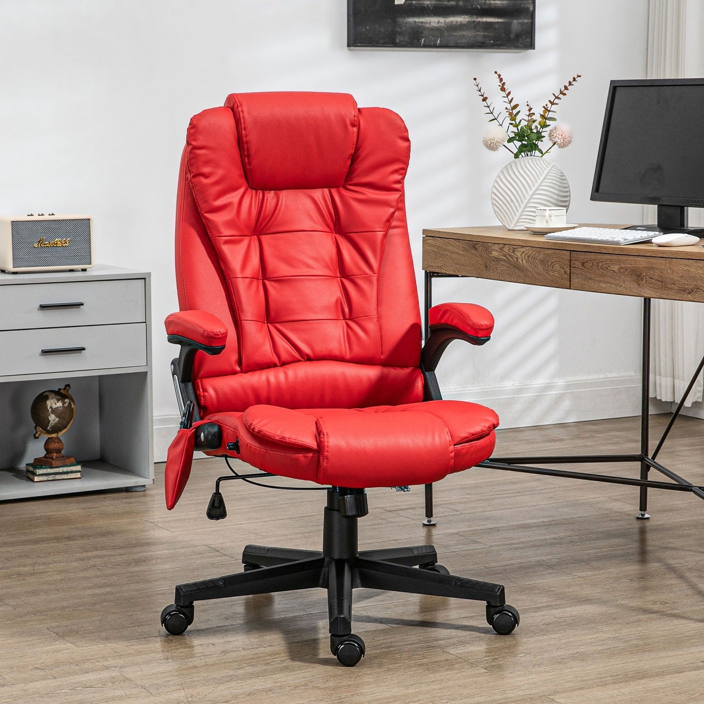 Fauteuil de bureau inclinable pivotant à 360° en cuir PU avec massage par vibration, chauffage lombaire et hauteur réglable