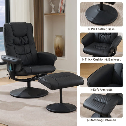 Fauteuil inclinable massant pivotant à 360° en cuir PU avec ottoman, massage et siège chauffant