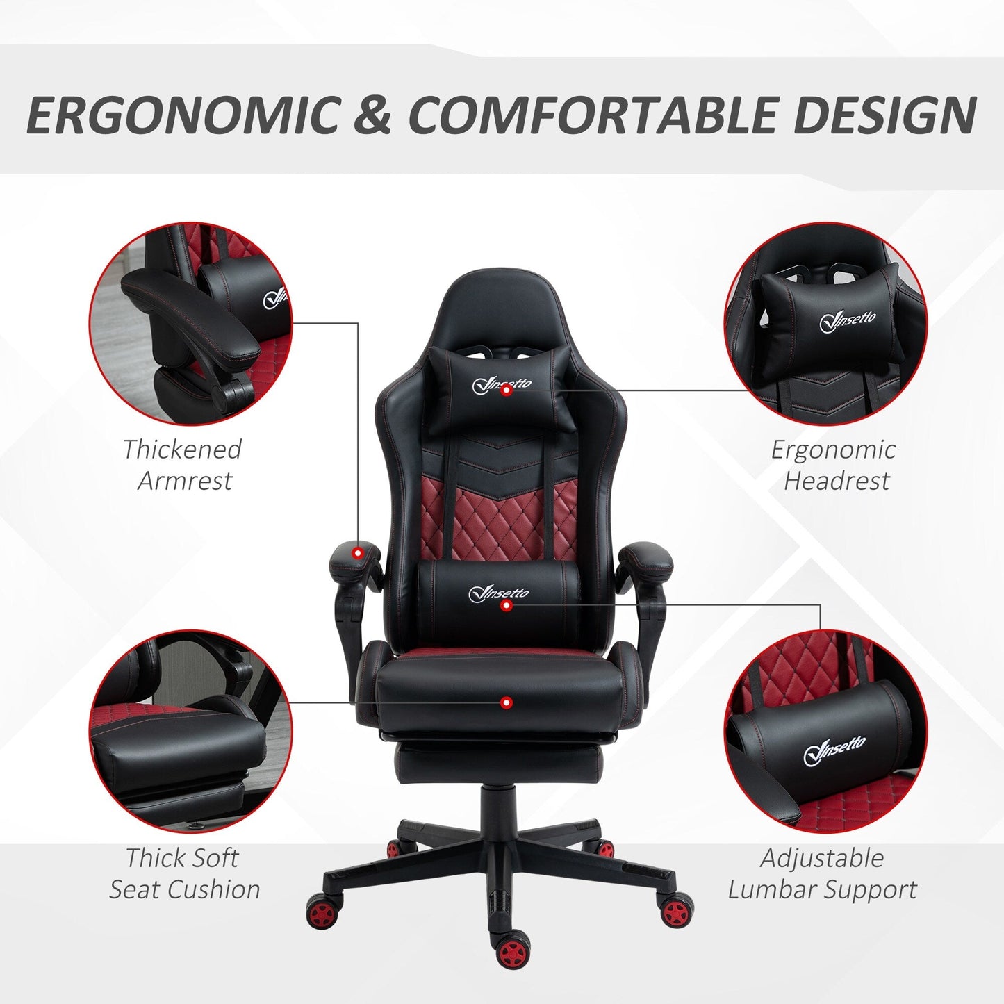 Fauteuil de jeu inclinable pivotant à 360° en cuir synthétique avec repose-pieds, appui-tête, support lombaire et hauteur réglable