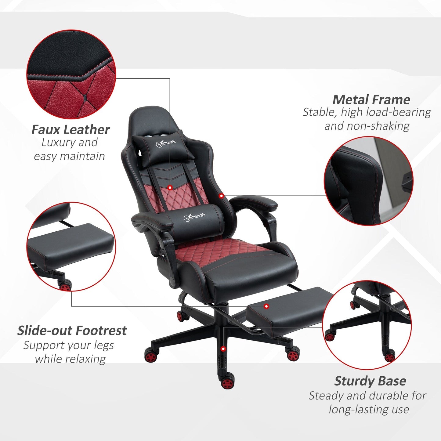 Fauteuil de jeu inclinable pivotant à 360° en cuir synthétique avec repose-pieds, appui-tête, support lombaire et hauteur réglable