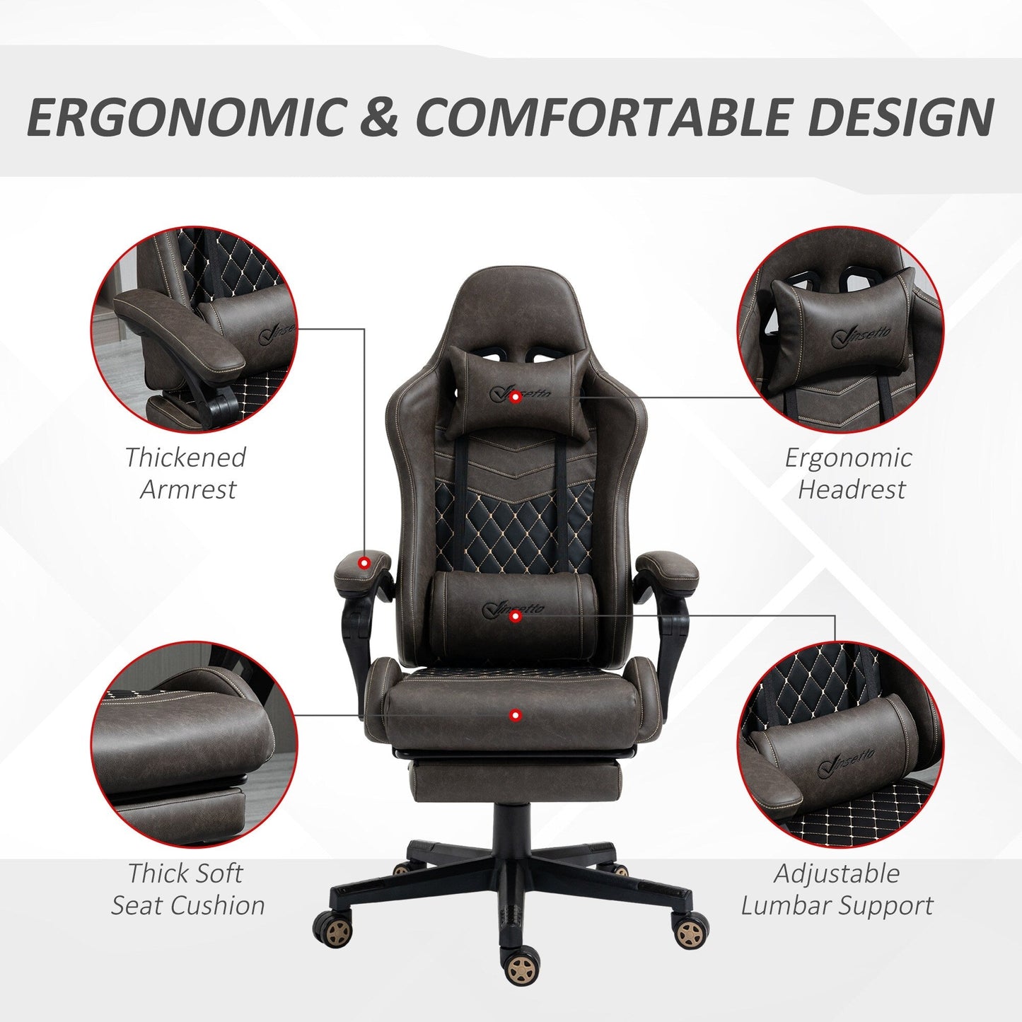 Fauteuil de jeu inclinable pivotant à 360° en cuir synthétique avec repose-pieds, appui-tête, support lombaire et hauteur réglable
