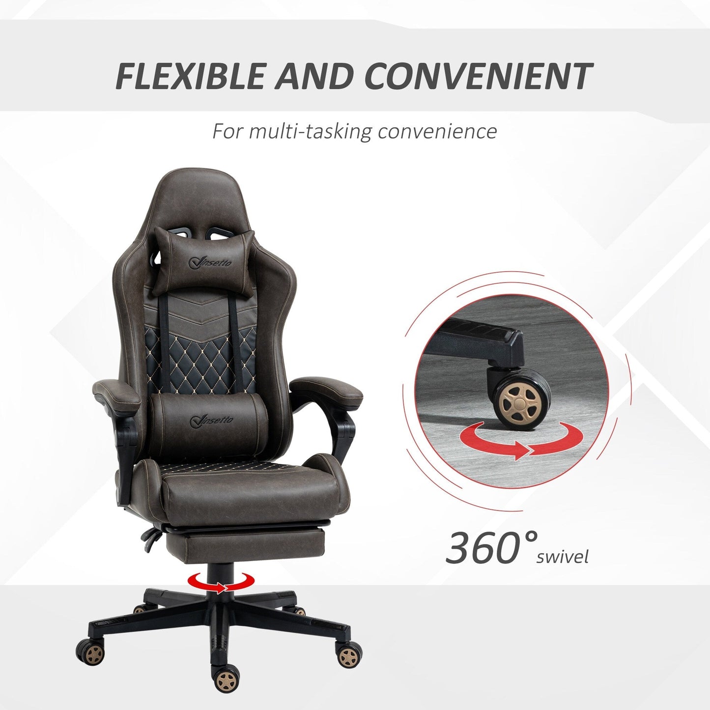Fauteuil de jeu inclinable pivotant à 360° en cuir synthétique avec repose-pieds, appui-tête, support lombaire et hauteur réglable