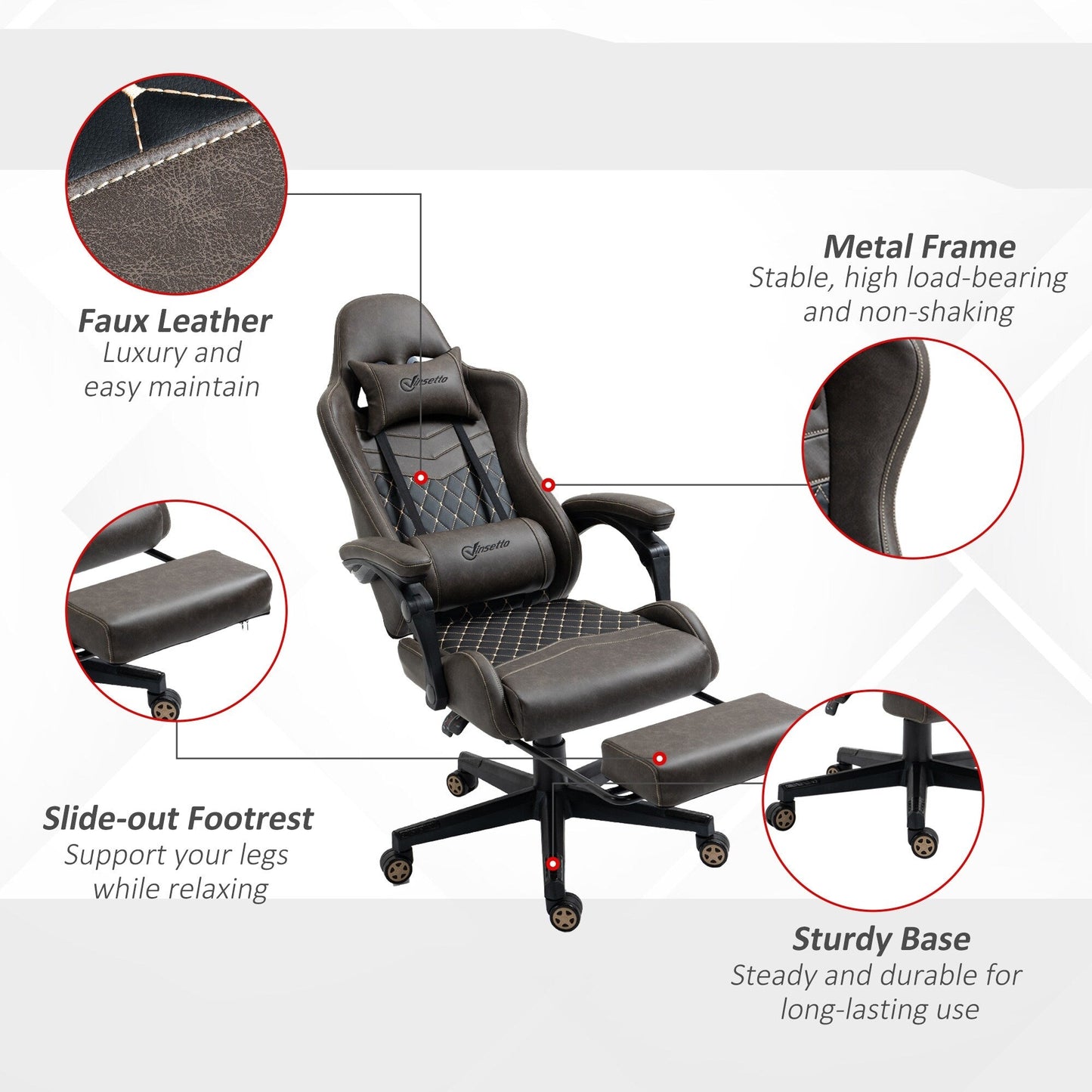 Fauteuil de jeu inclinable pivotant à 360° en cuir synthétique avec repose-pieds, appui-tête, support lombaire et hauteur réglable