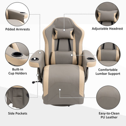 Fauteuil inclinable manuel en cuir PU avec inclinaison à 135°, repose-pieds réglable, pivotant à 360°, porte-gobelets et poches de rangement