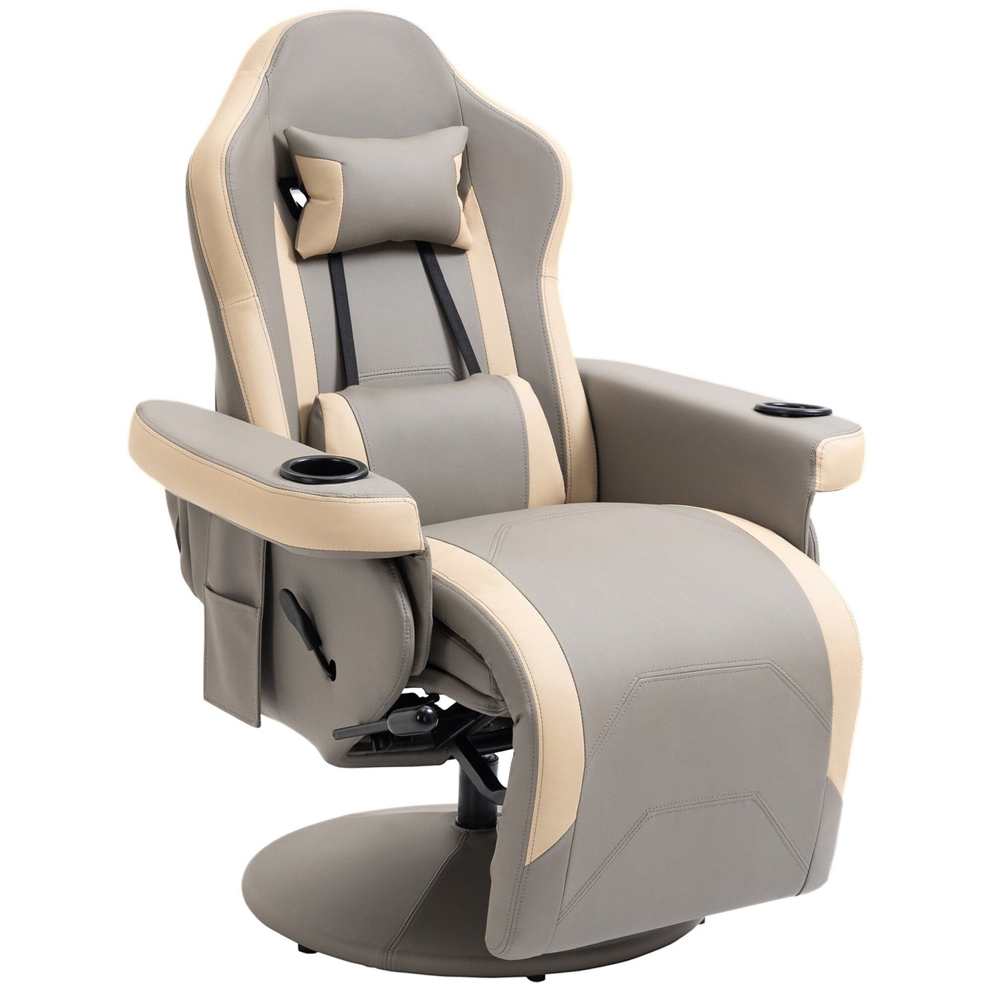 Fauteuil inclinable manuel en cuir PU avec inclinaison à 135°, repose-pieds réglable, pivotant à 360°, porte-gobelets et poches de rangement