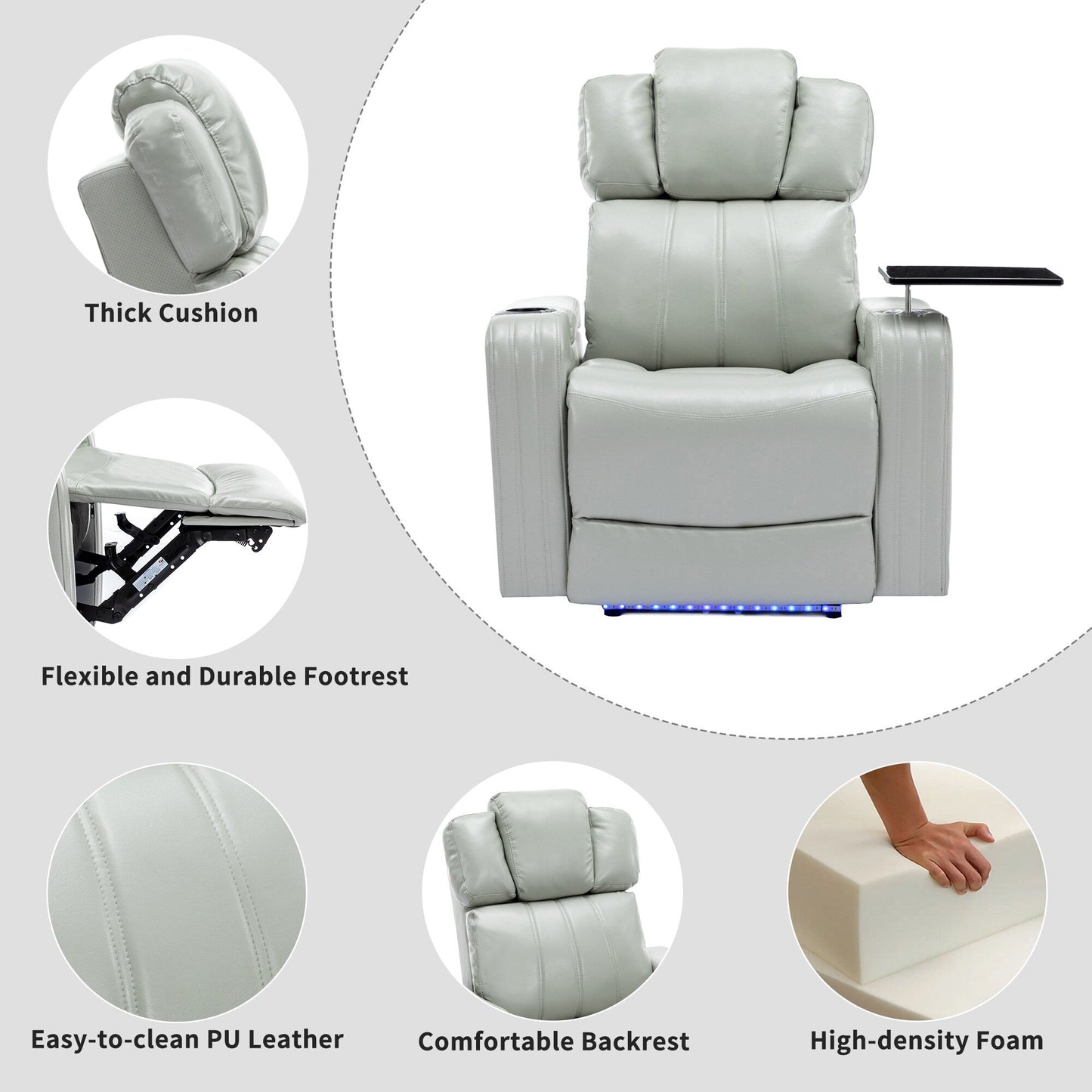 Fauteuil de massage en cuir synthétique avec porte-gobelet, haut-parleur Bluetooth et ports USB Fauteuil inclinable pour home cinéma avec plateau
