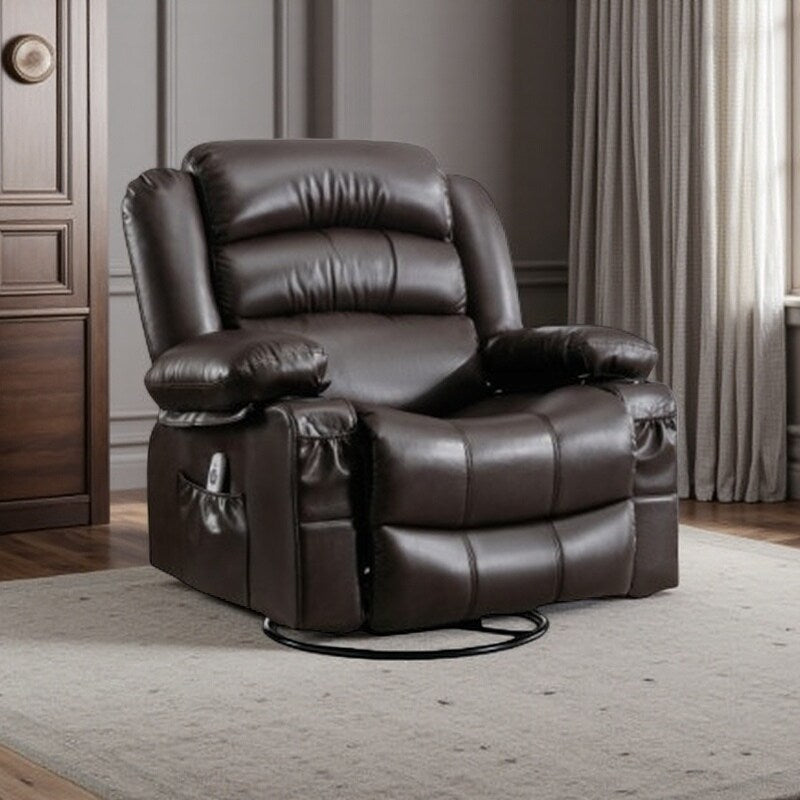 Fauteuil inclinable massant en cuir PU avec rotation à 360°, vibration chauffante à 8 points, chargement USB, porte-gobelets et poches de rangement